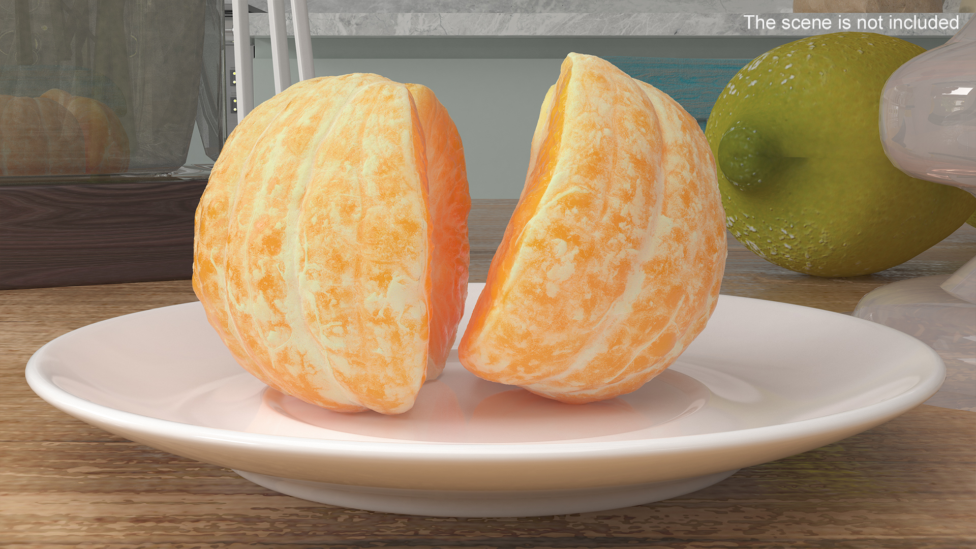 3D Peeled Tangerine Fruit Split in Half on White Plate