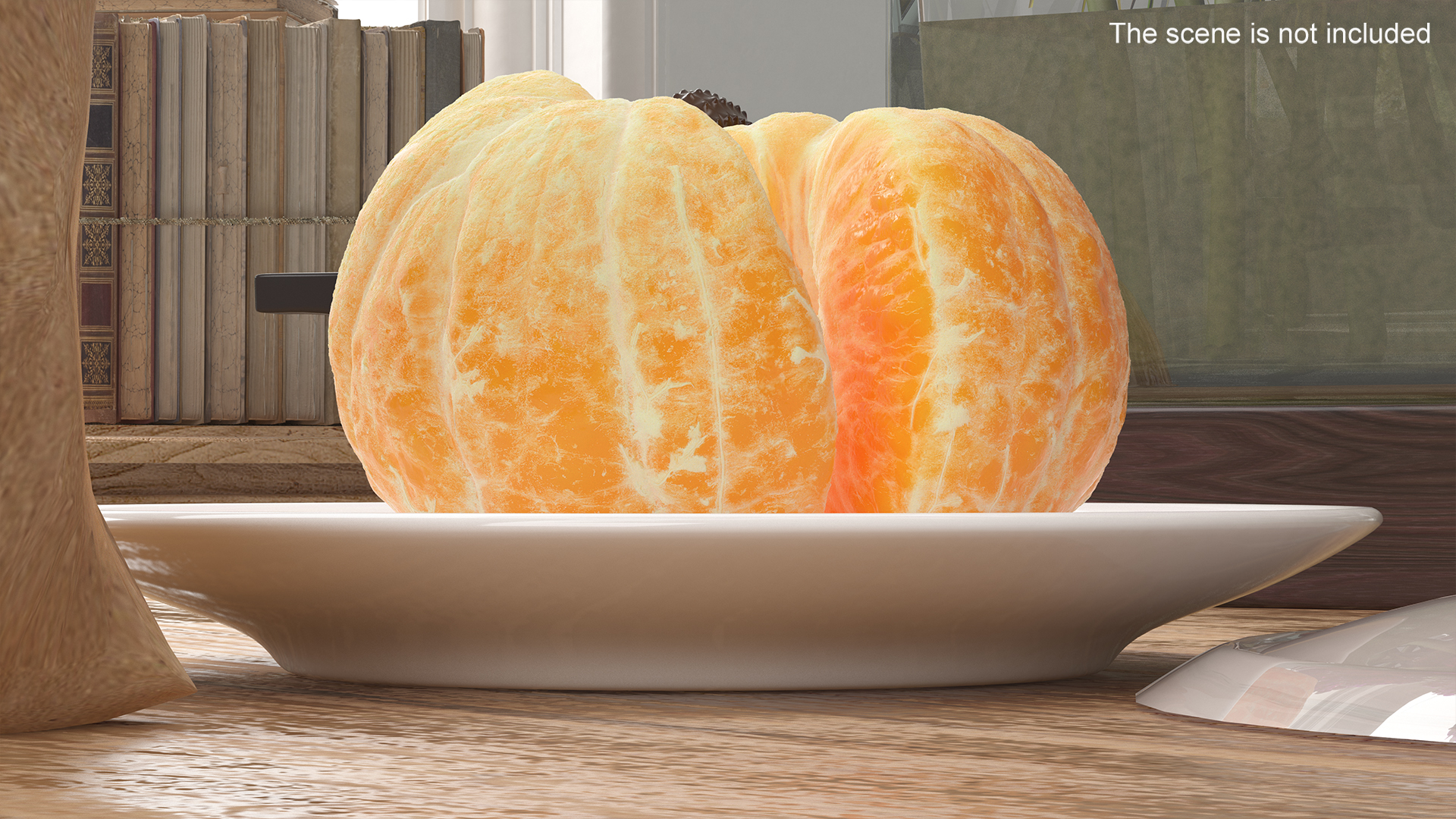 3D Peeled Tangerine Fruit Split in Half on White Plate