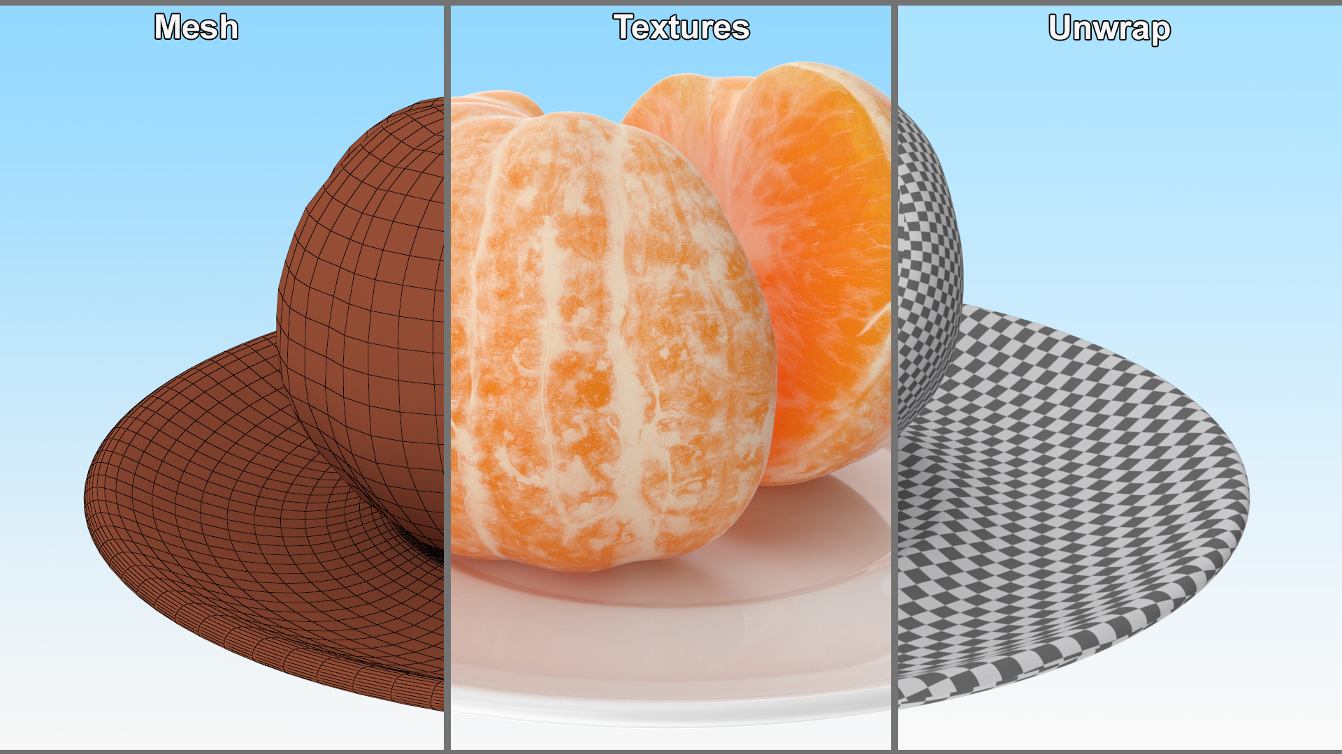 3D Peeled Tangerine Fruit Split in Half on White Plate
