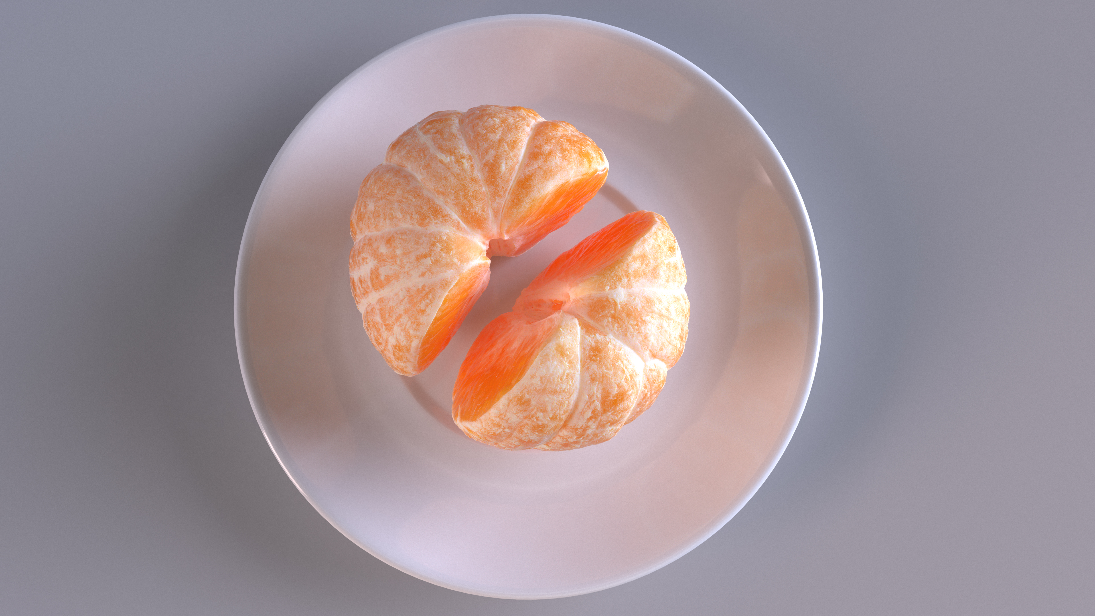 3D Peeled Tangerine Fruit Split in Half on White Plate