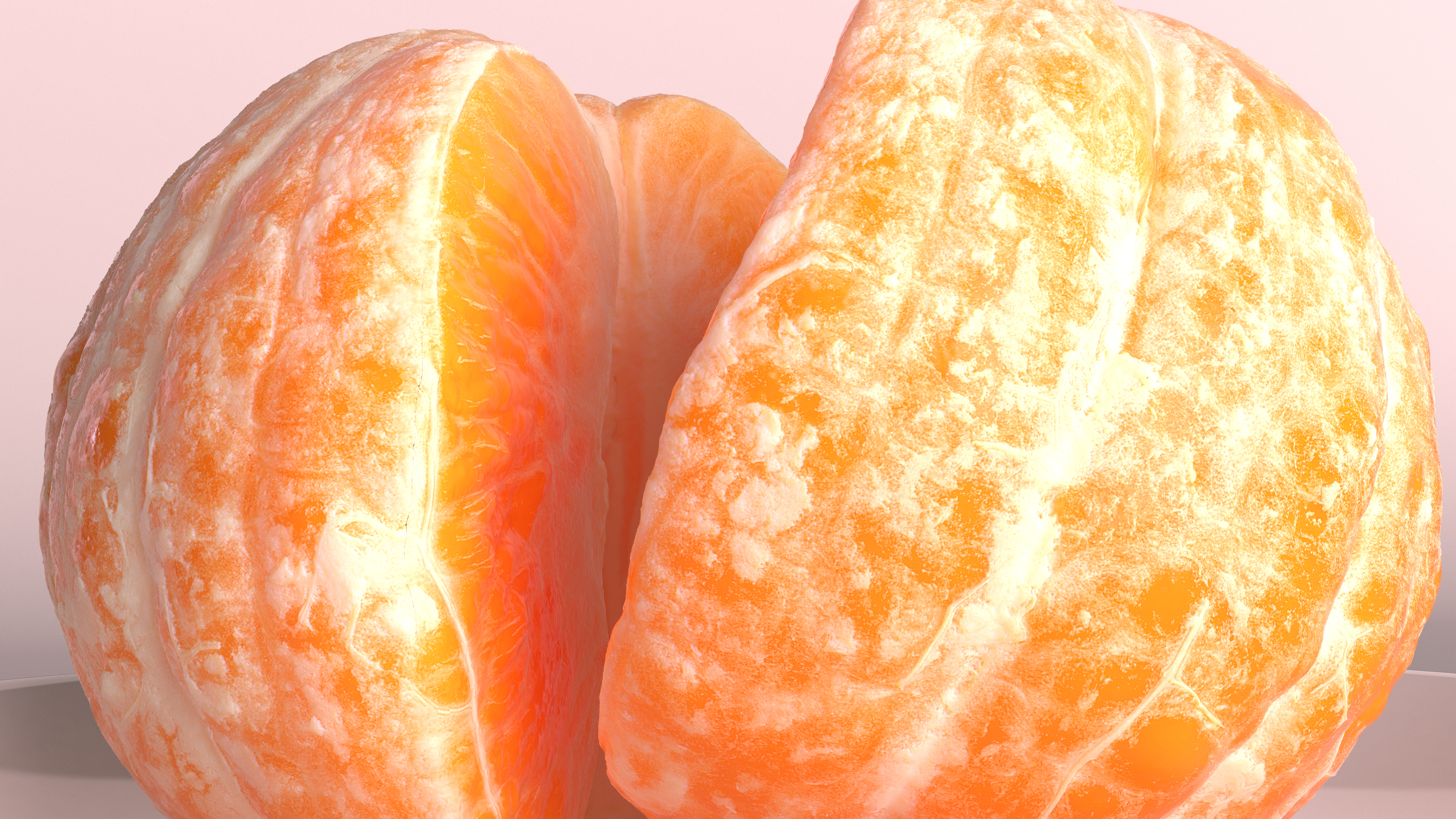 3D Peeled Tangerine Fruit Split in Half on White Plate