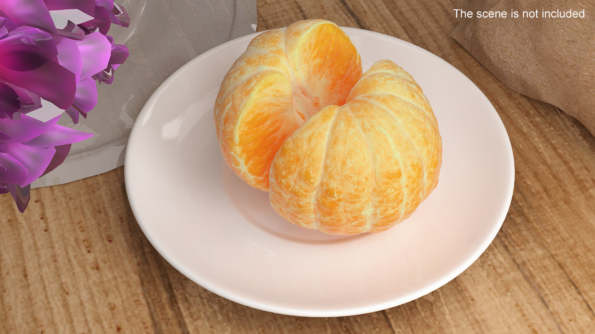 3D Peeled Tangerine Fruit Split in Half on White Plate