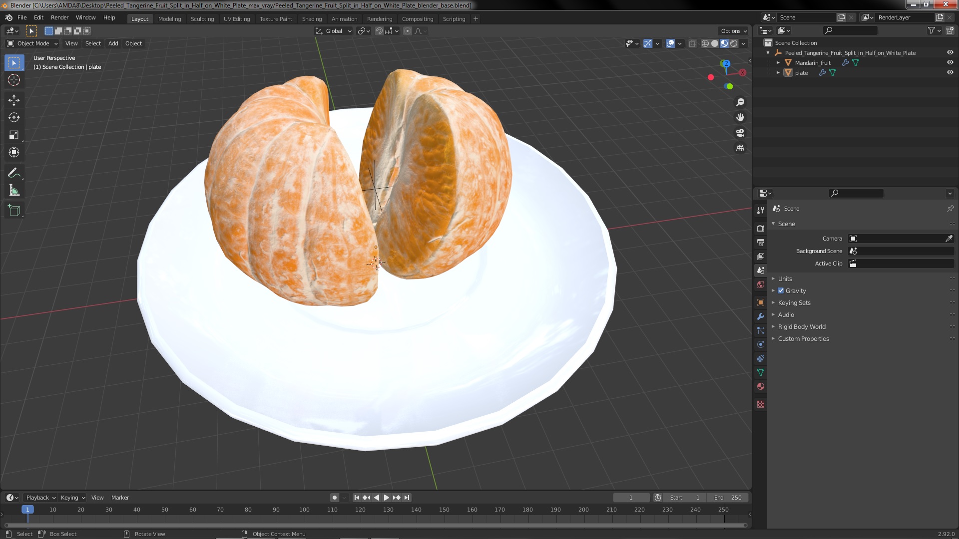 3D Peeled Tangerine Fruit Split in Half on White Plate