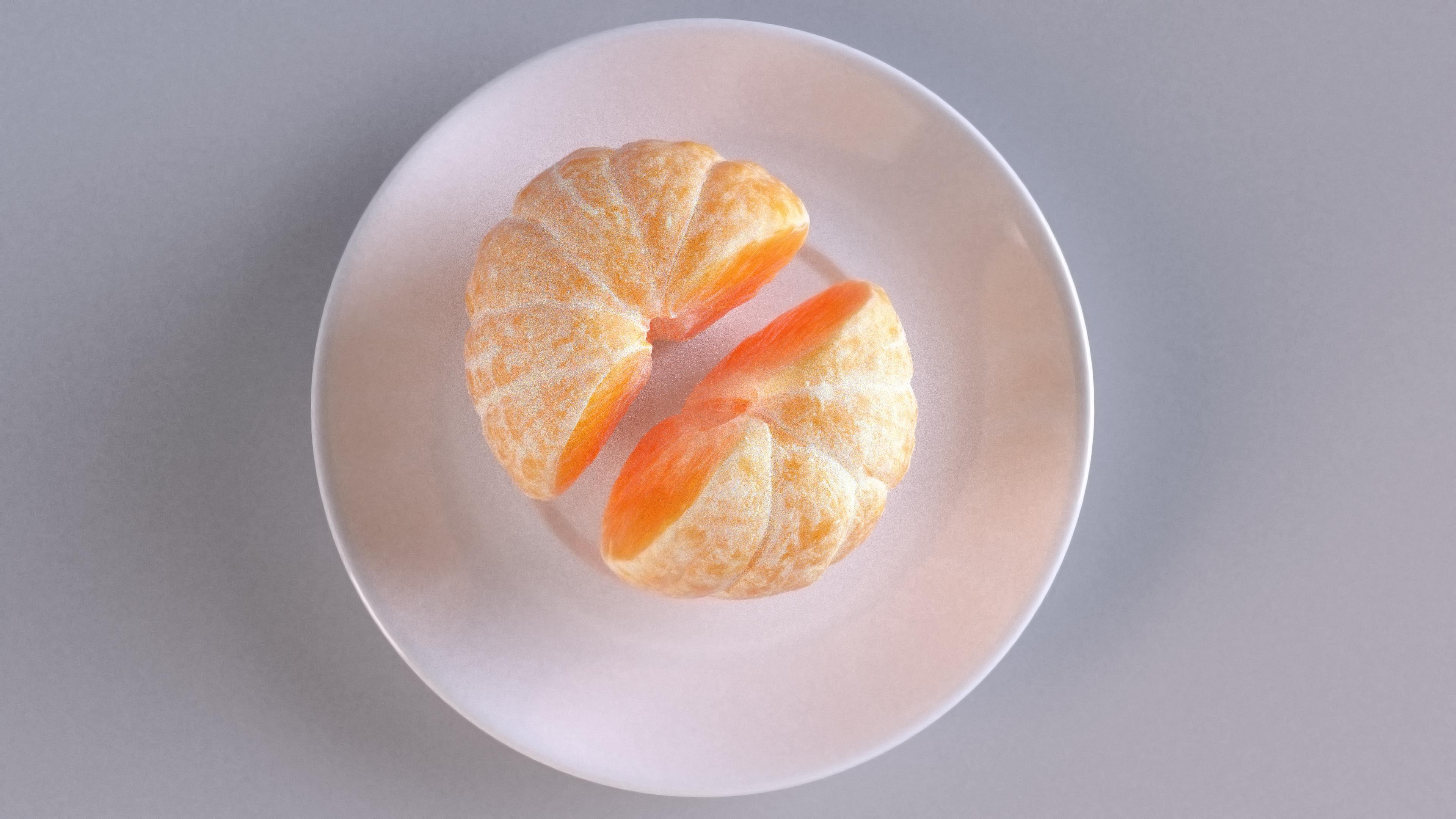 3D Peeled Tangerine Fruit Split in Half on White Plate