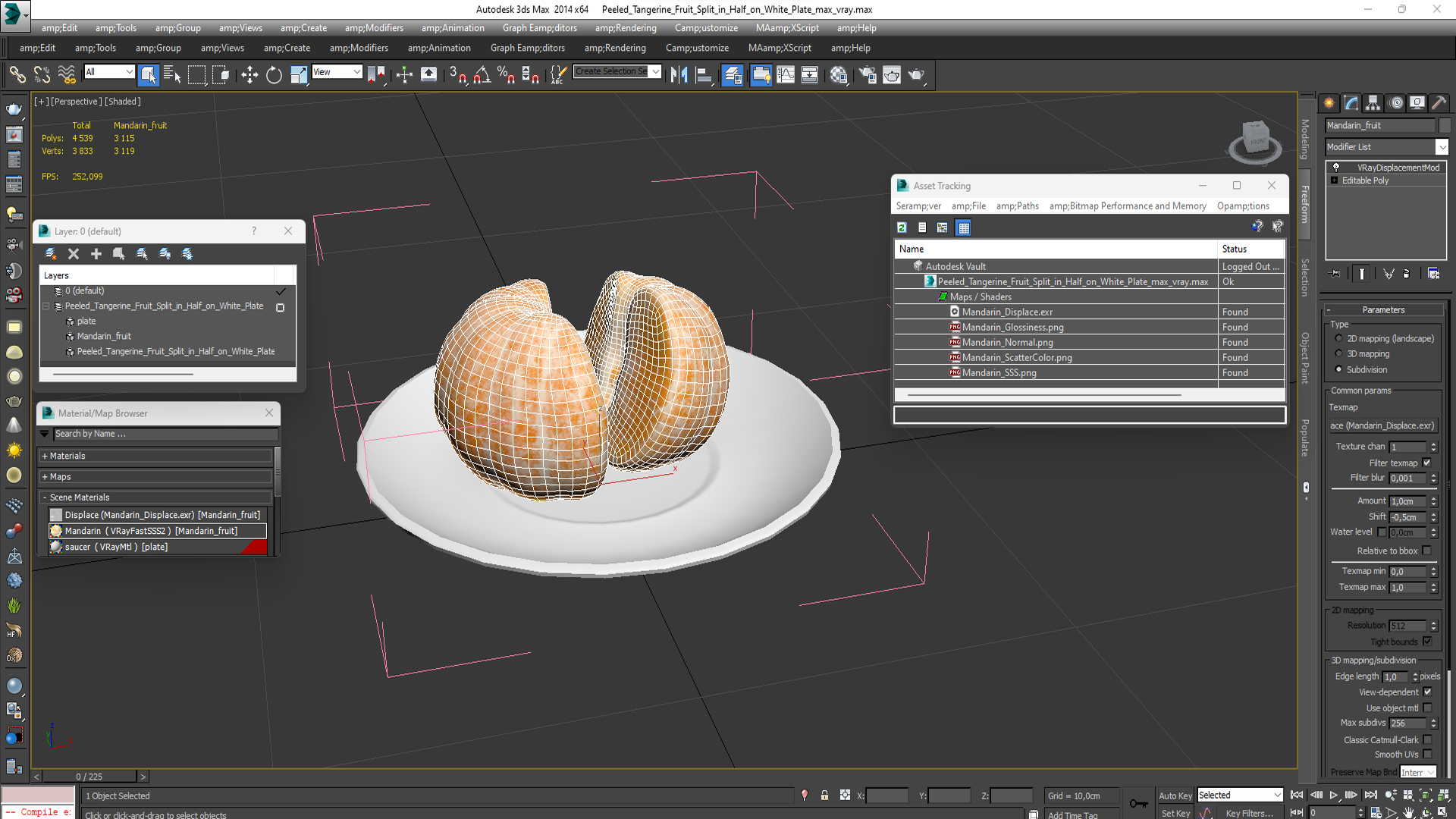 3D Peeled Tangerine Fruit Split in Half on White Plate