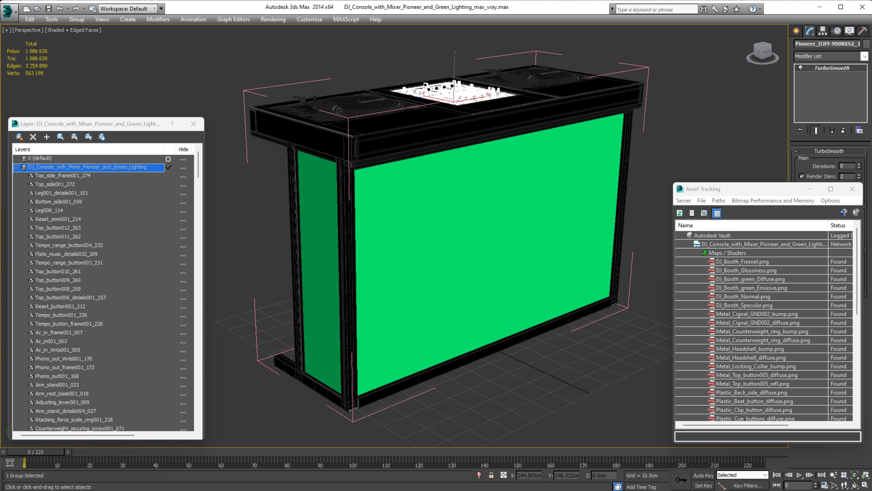3D DJ Console with Mixer Pioneer and Green Lighting model