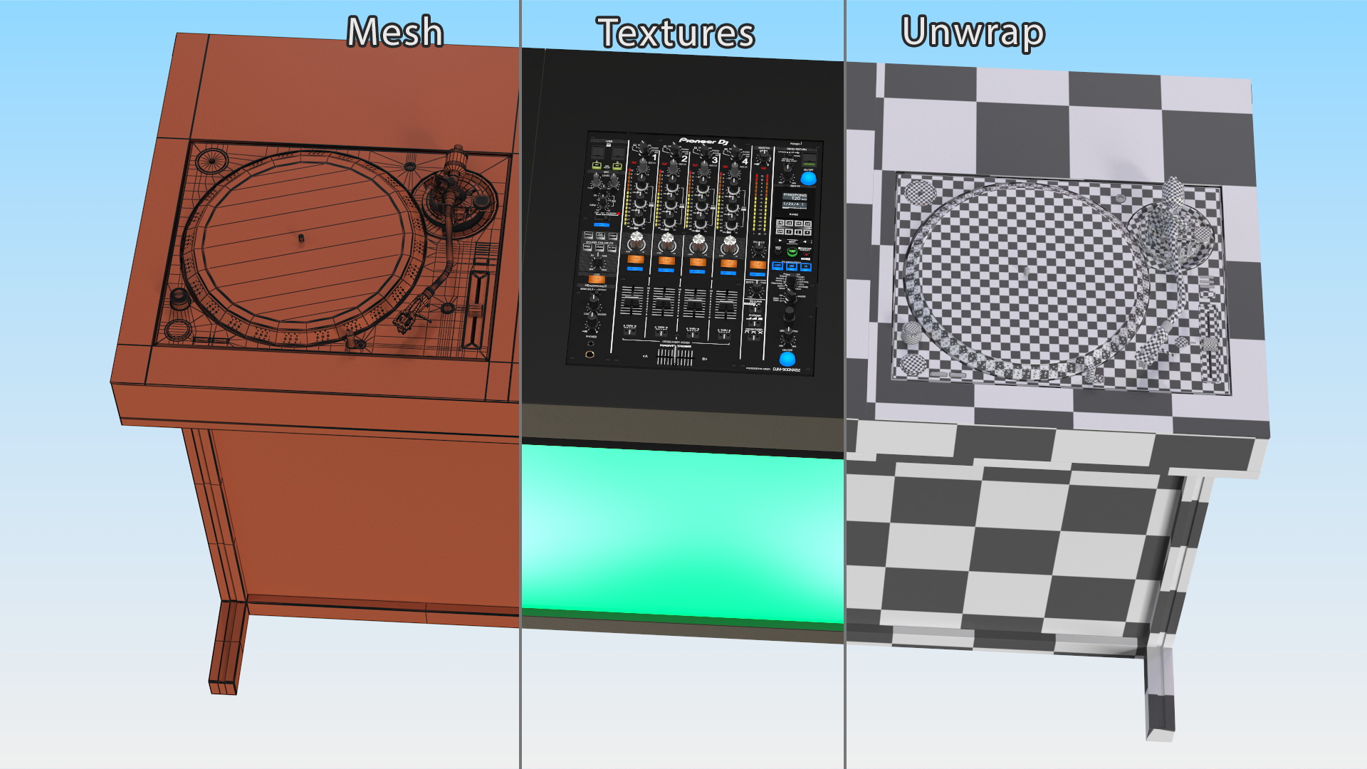 3D DJ Console with Mixer Pioneer and Green Lighting model