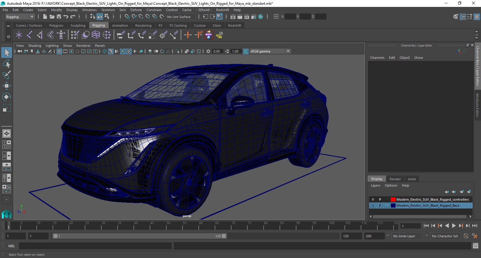 Concept Black Electric SUV Lights On Rigged for Maya 3D