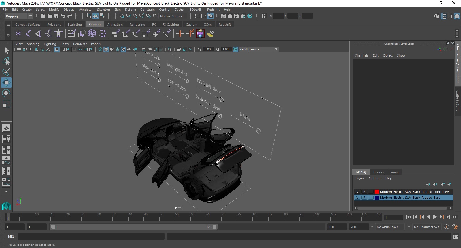 Concept Black Electric SUV Lights On Rigged for Maya 3D