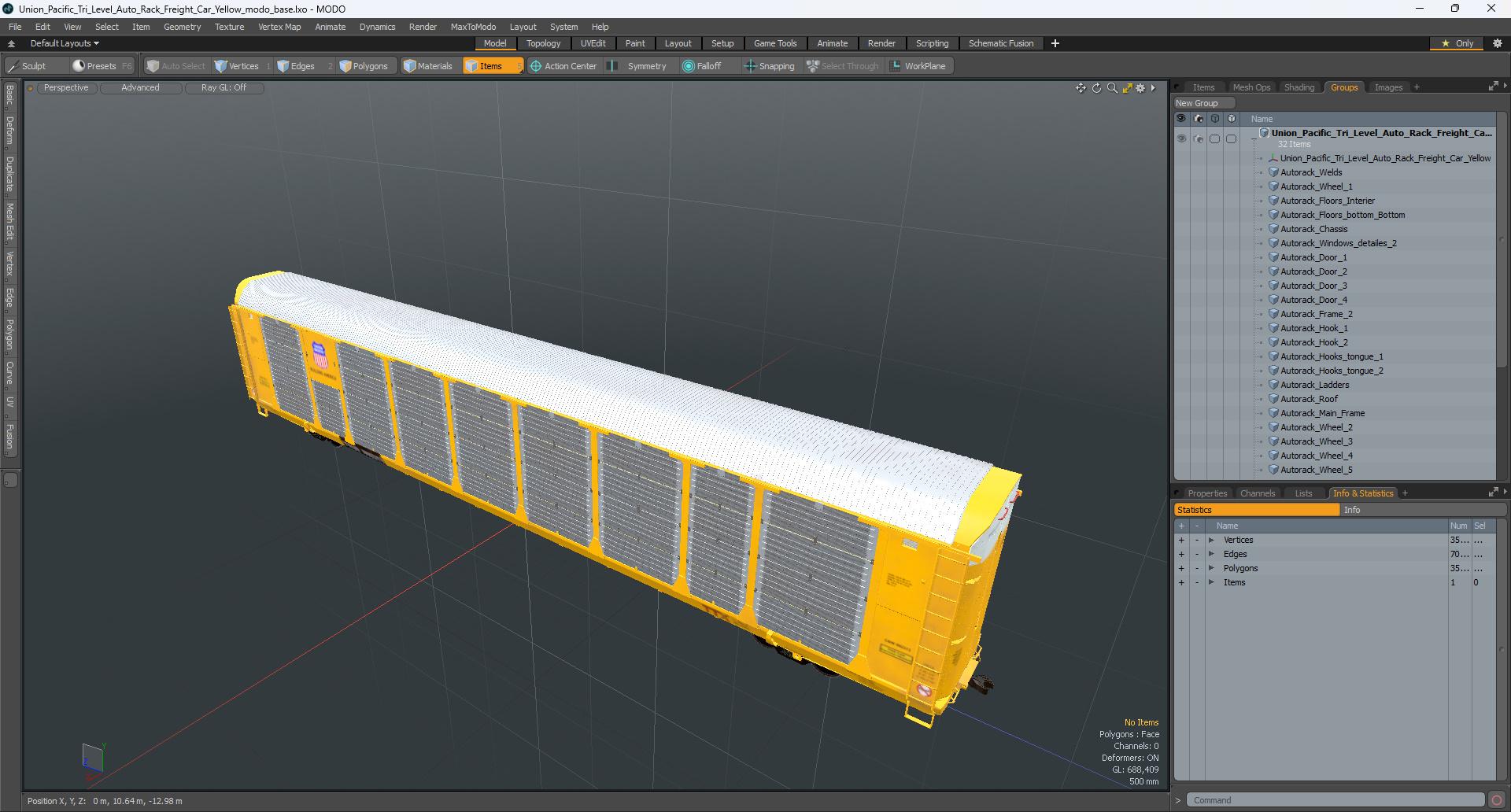 Union Pacific Tri Level Auto Rack Freight Car Yellow 3D