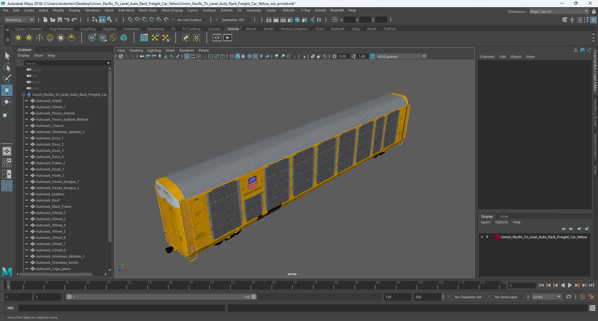 Union Pacific Tri Level Auto Rack Freight Car Yellow 3D