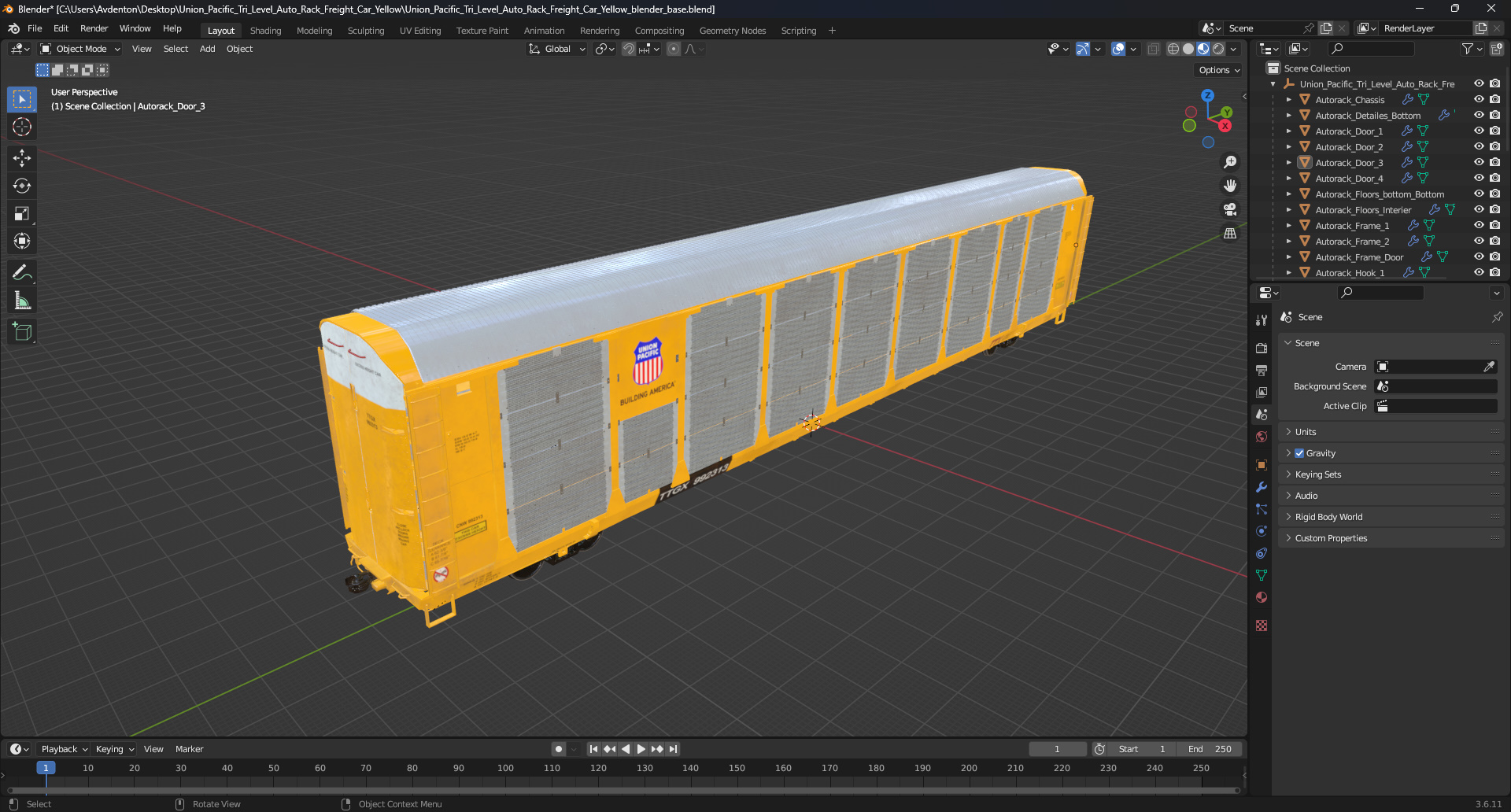 Union Pacific Tri Level Auto Rack Freight Car Yellow 3D