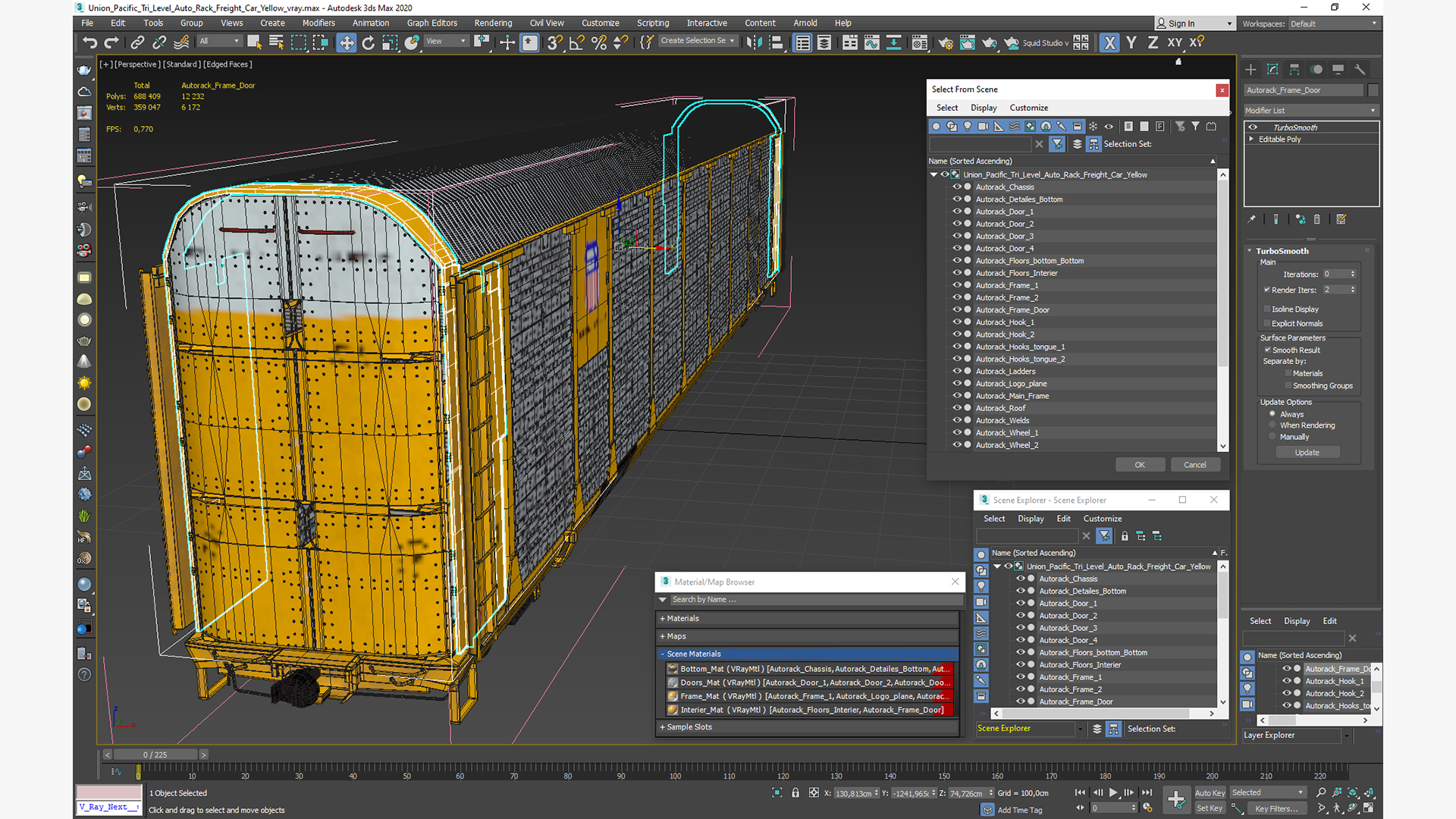 Union Pacific Tri Level Auto Rack Freight Car Yellow 3D