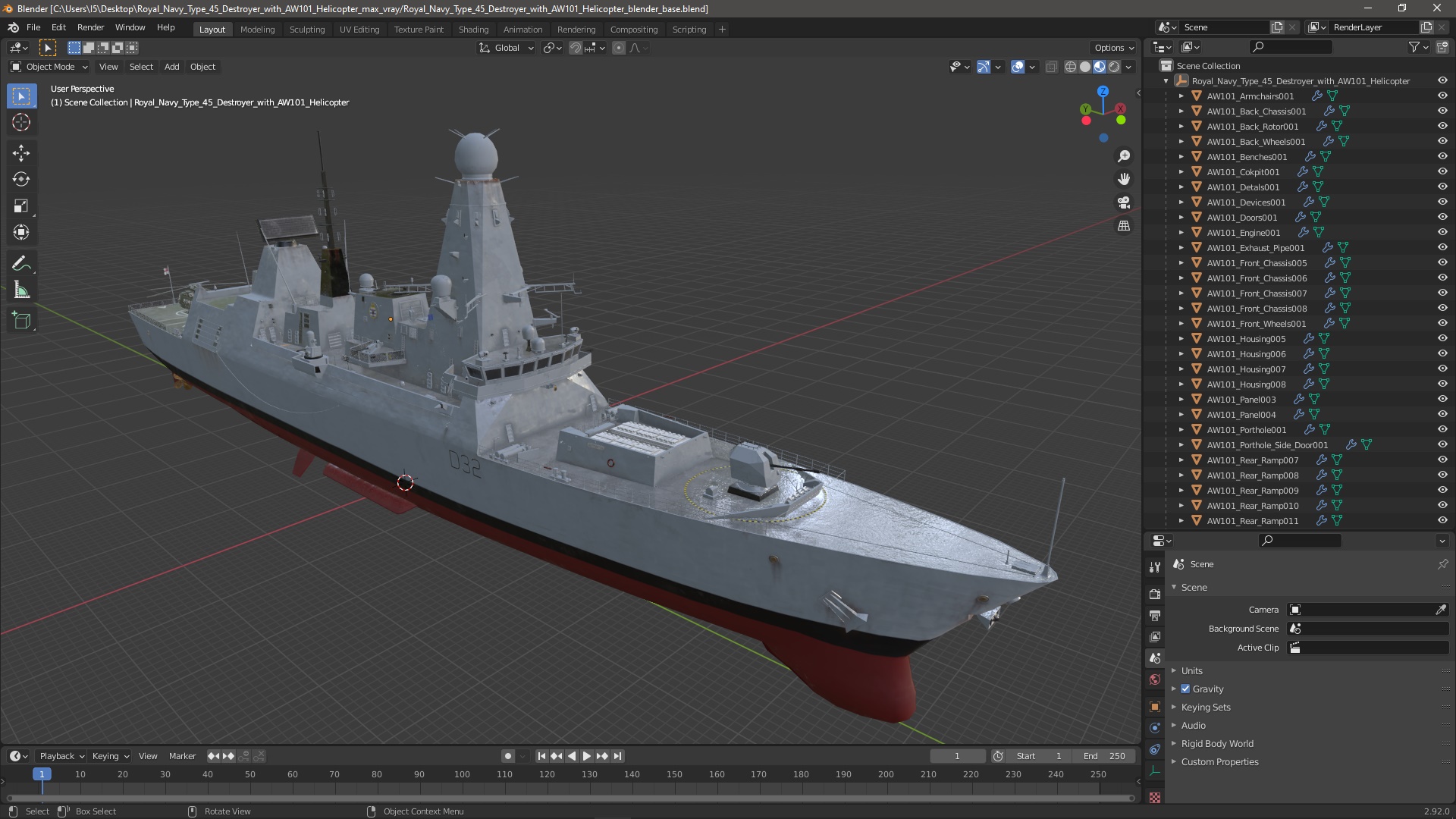 3D model Royal Navy Type 45 Destroyer with AW101 Helicopter