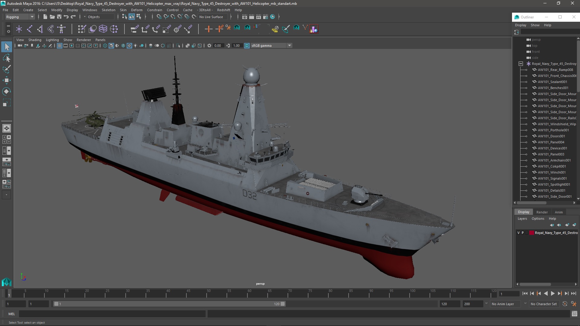 3D model Royal Navy Type 45 Destroyer with AW101 Helicopter