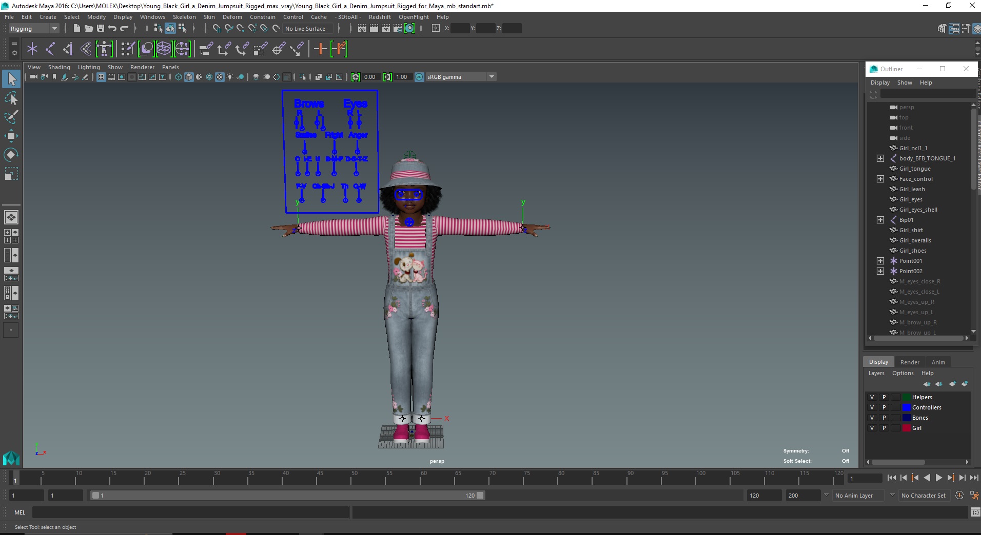 Young Black Girl a Denim Jumpsuit Rigged for Maya 3D model