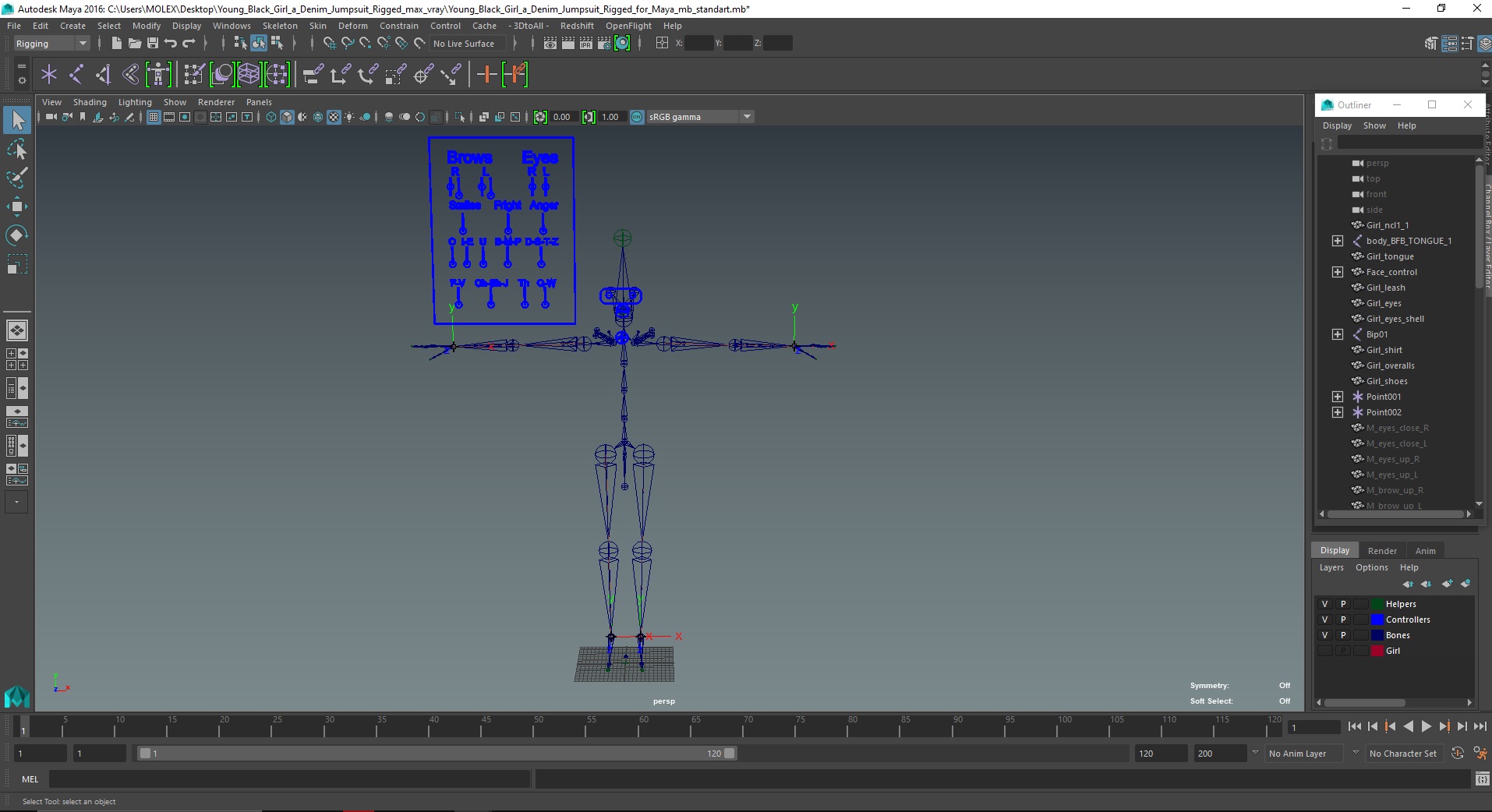 Young Black Girl a Denim Jumpsuit Rigged for Maya 3D model