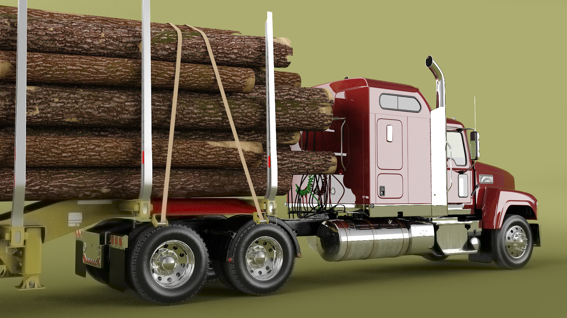 Freight Truck with Logging Trailer with Logs 3D model