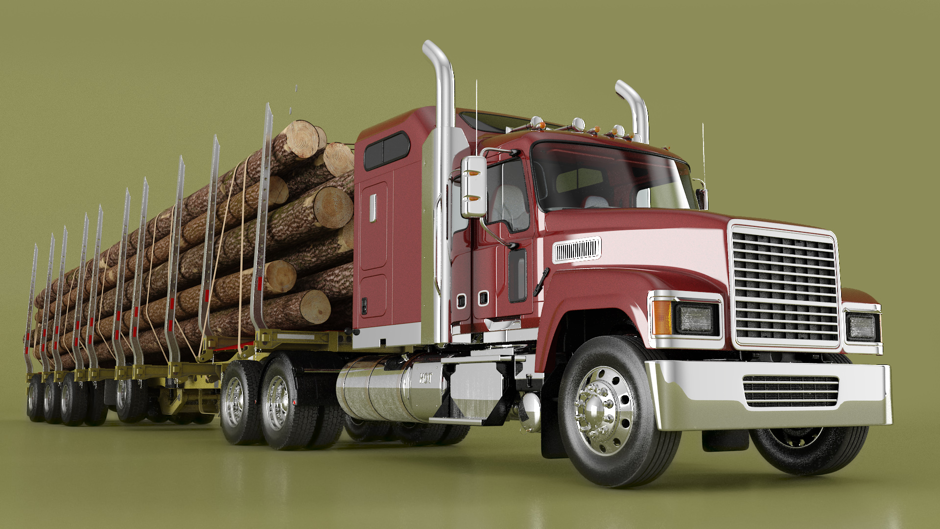 Freight Truck with Logging Trailer with Logs 3D model