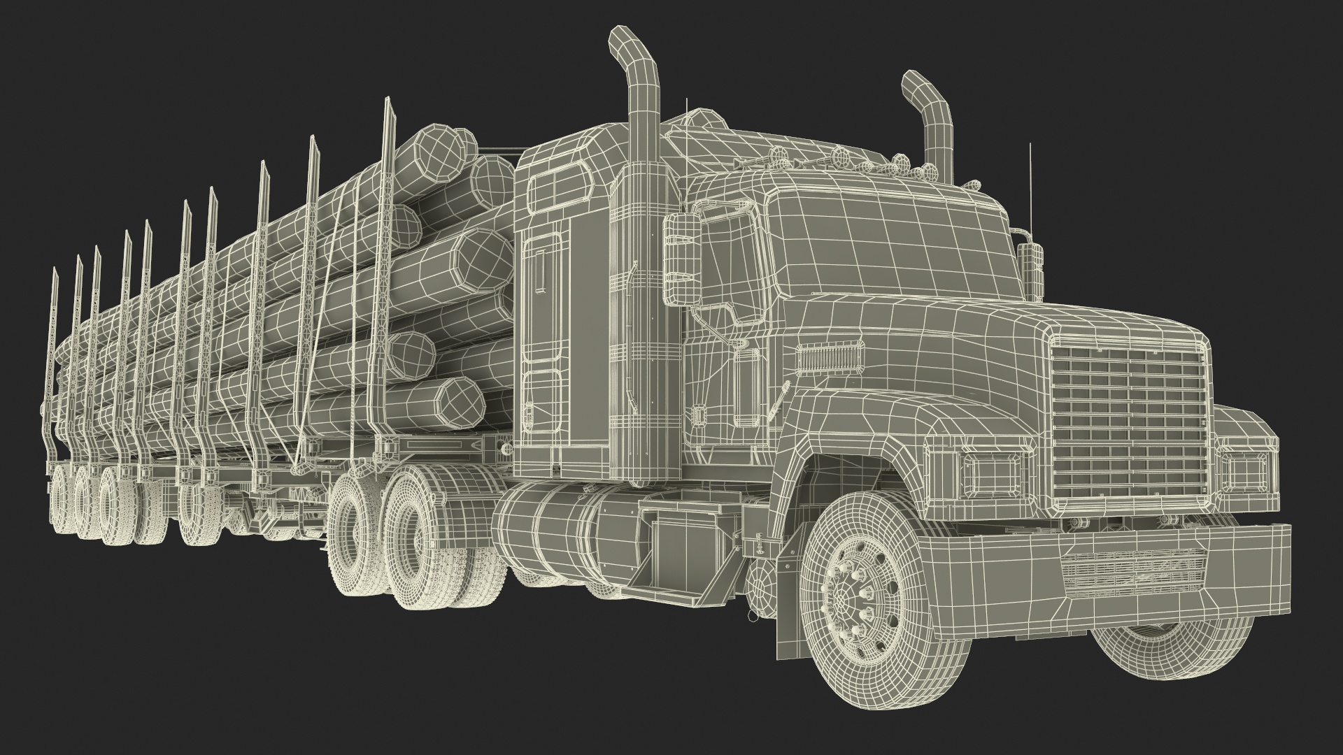 Freight Truck with Logging Trailer with Logs 3D model