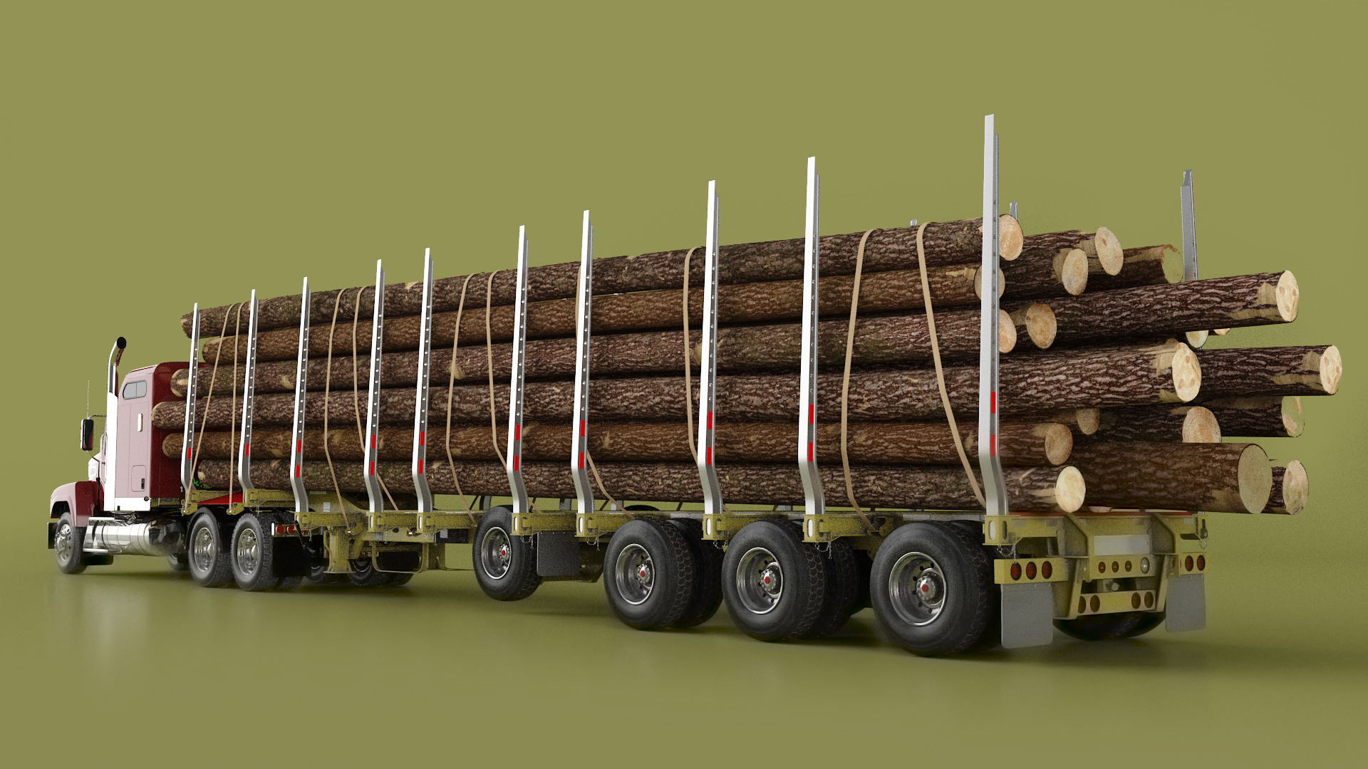 Freight Truck with Logging Trailer with Logs 3D model