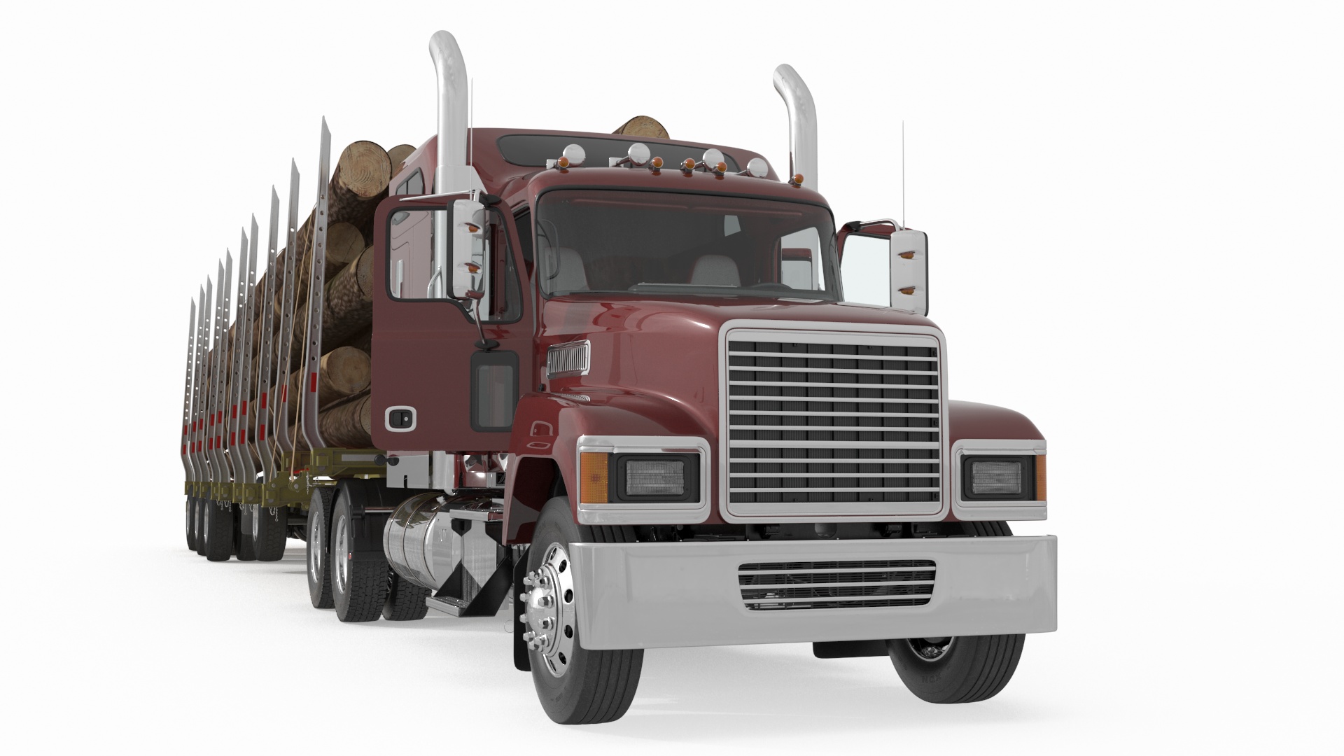 Freight Truck with Logging Trailer with Logs 3D model