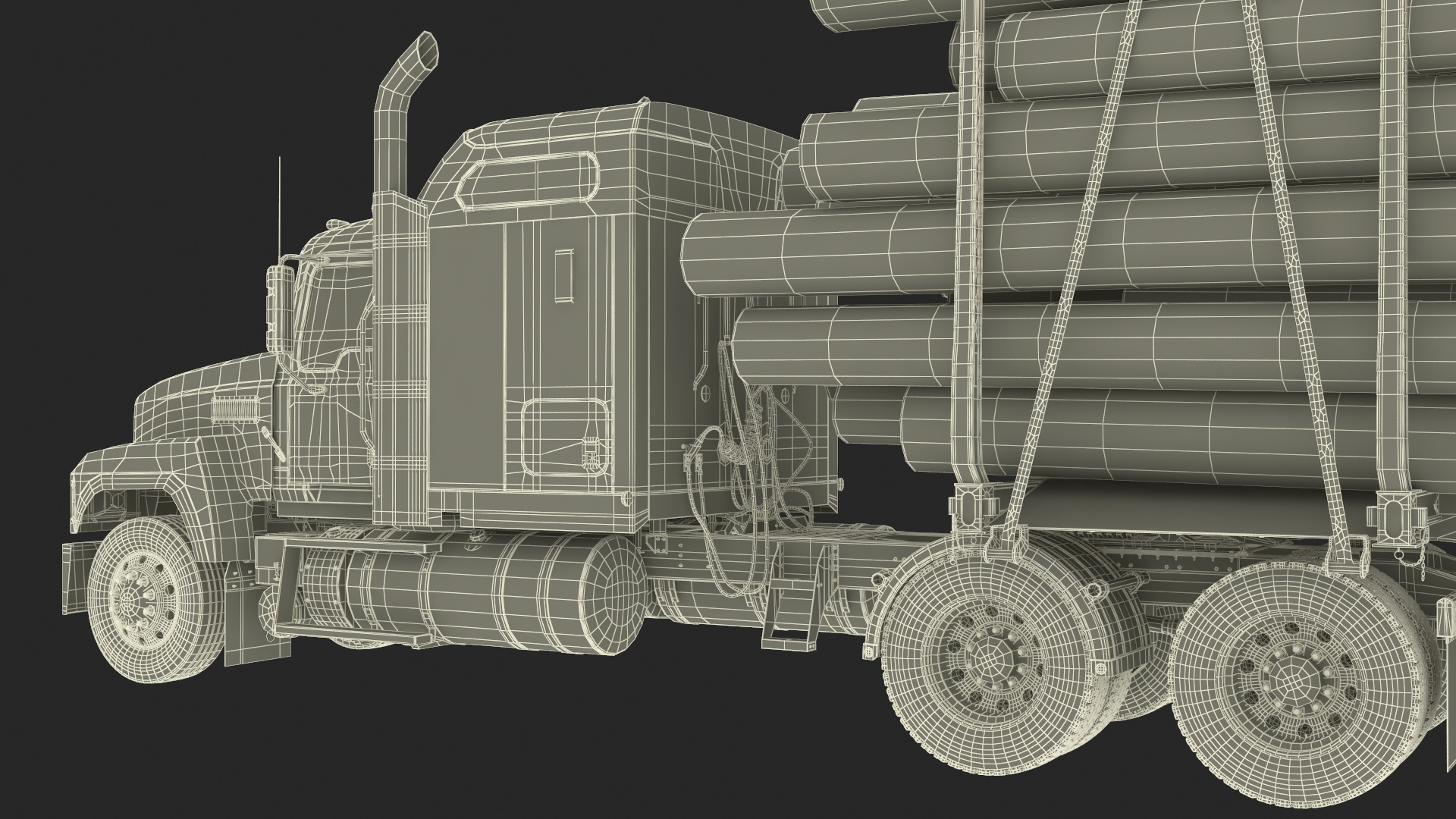 Freight Truck with Logging Trailer with Logs 3D model