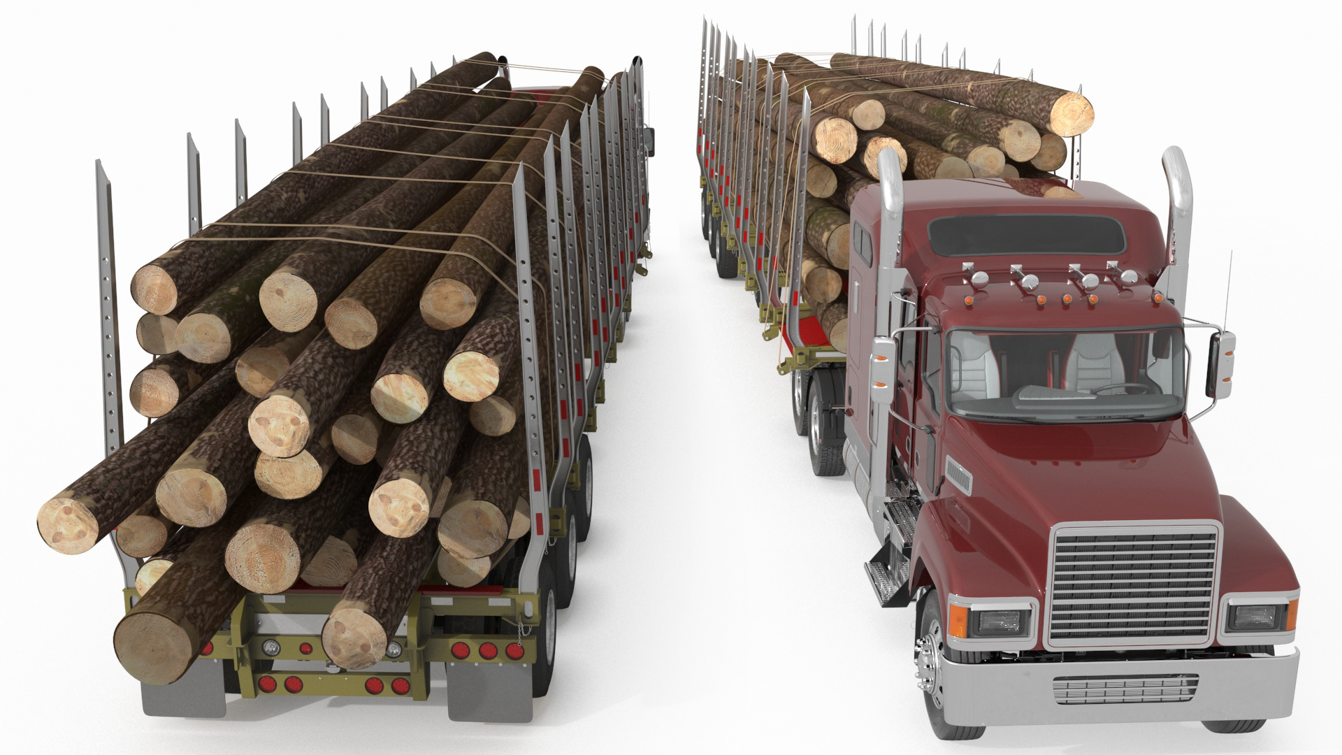 Freight Truck with Logging Trailer with Logs 3D model