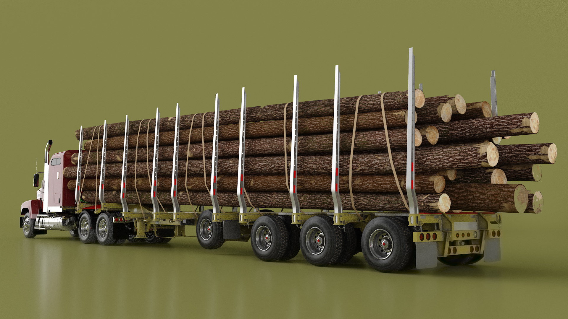 Freight Truck with Logging Trailer with Logs 3D model