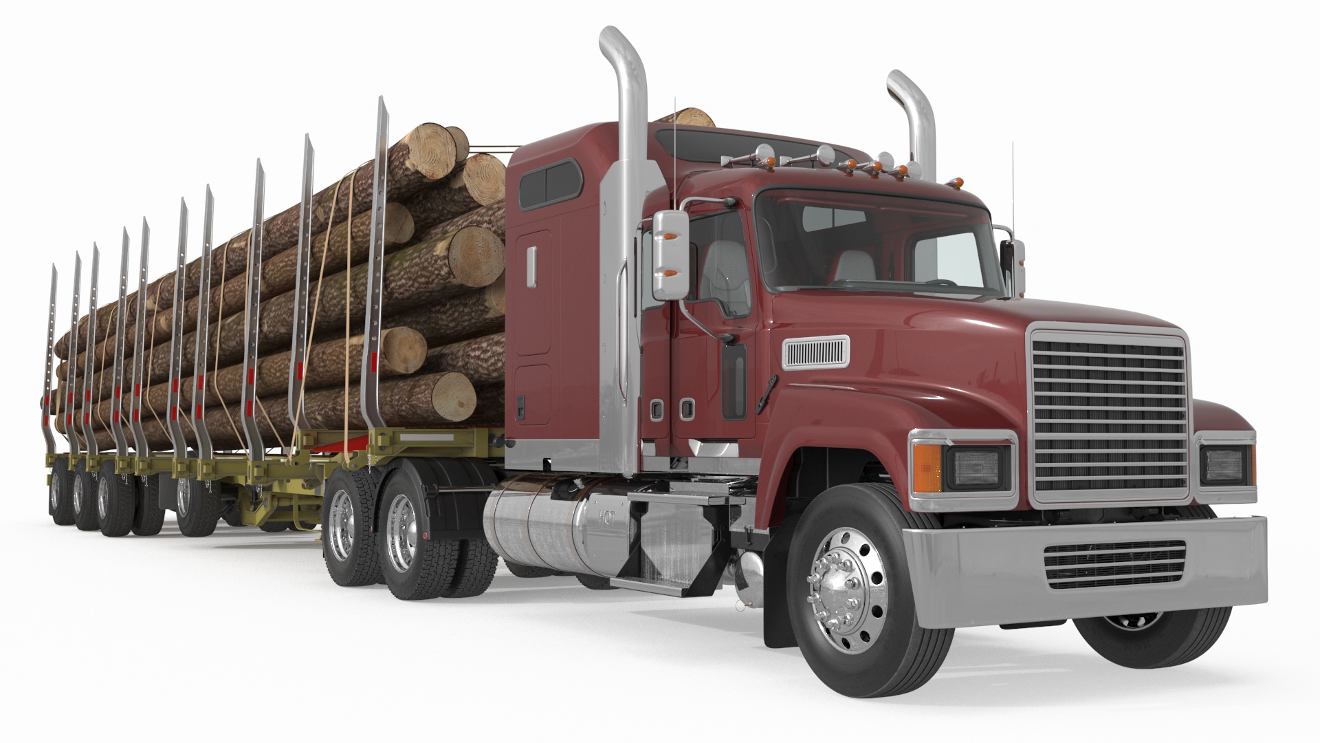 Freight Truck with Logging Trailer with Logs 3D model