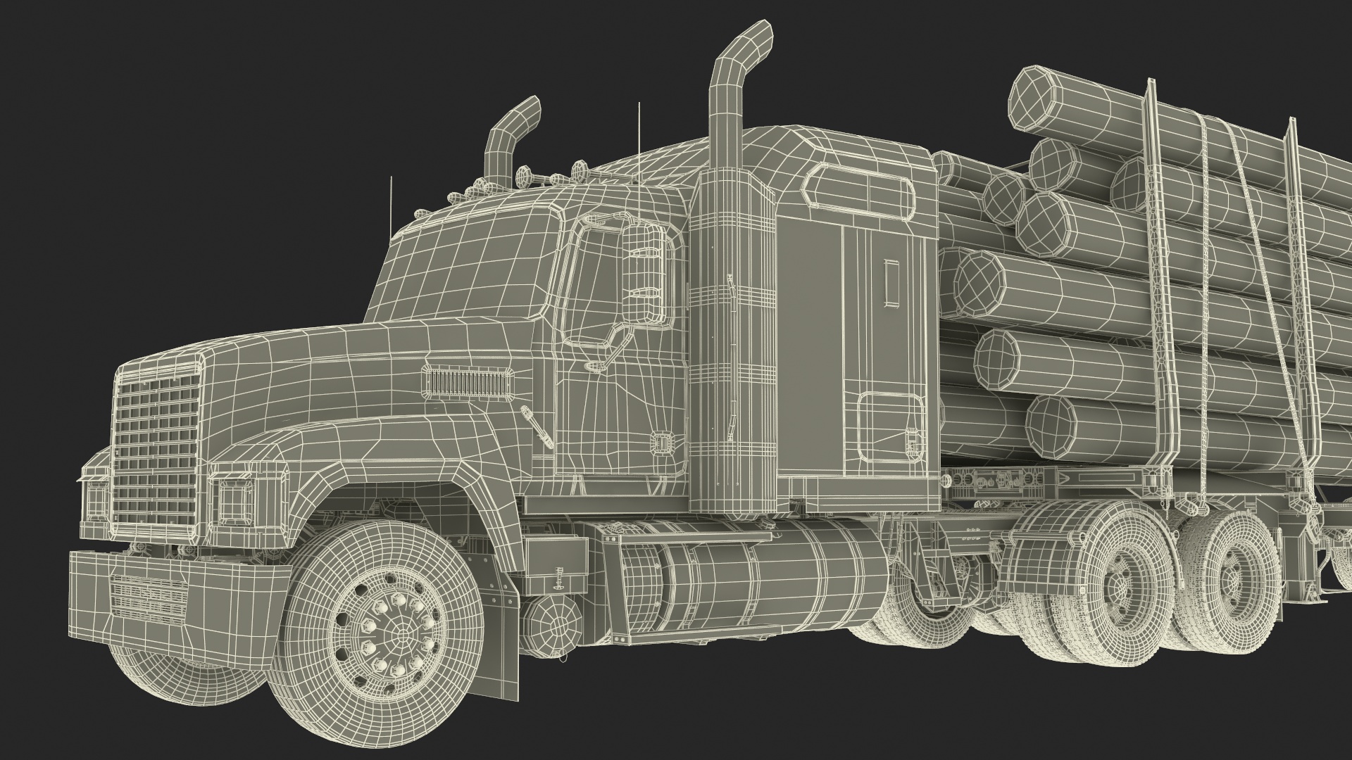Freight Truck with Logging Trailer with Logs 3D model