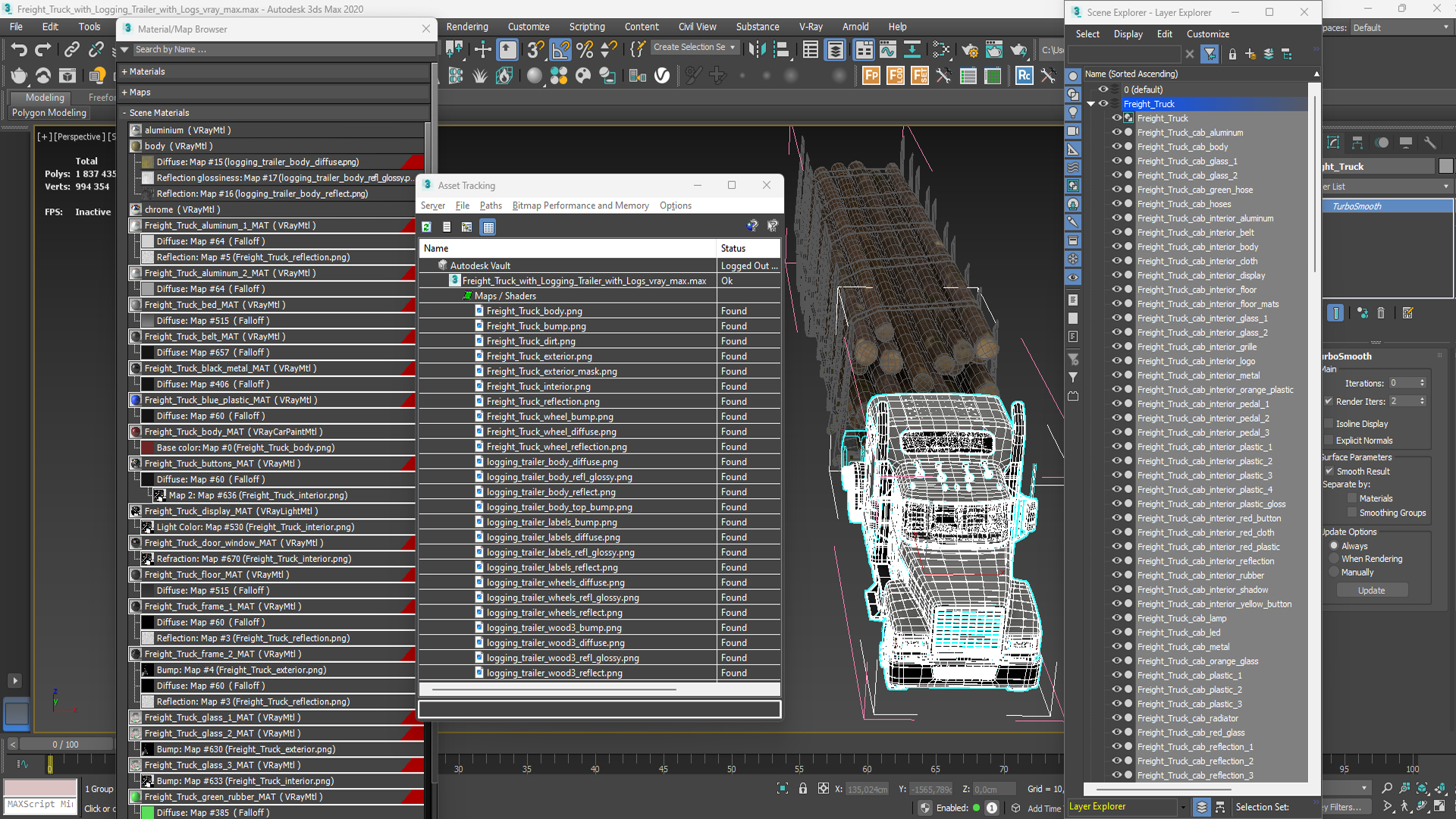Freight Truck with Logging Trailer with Logs 3D model
