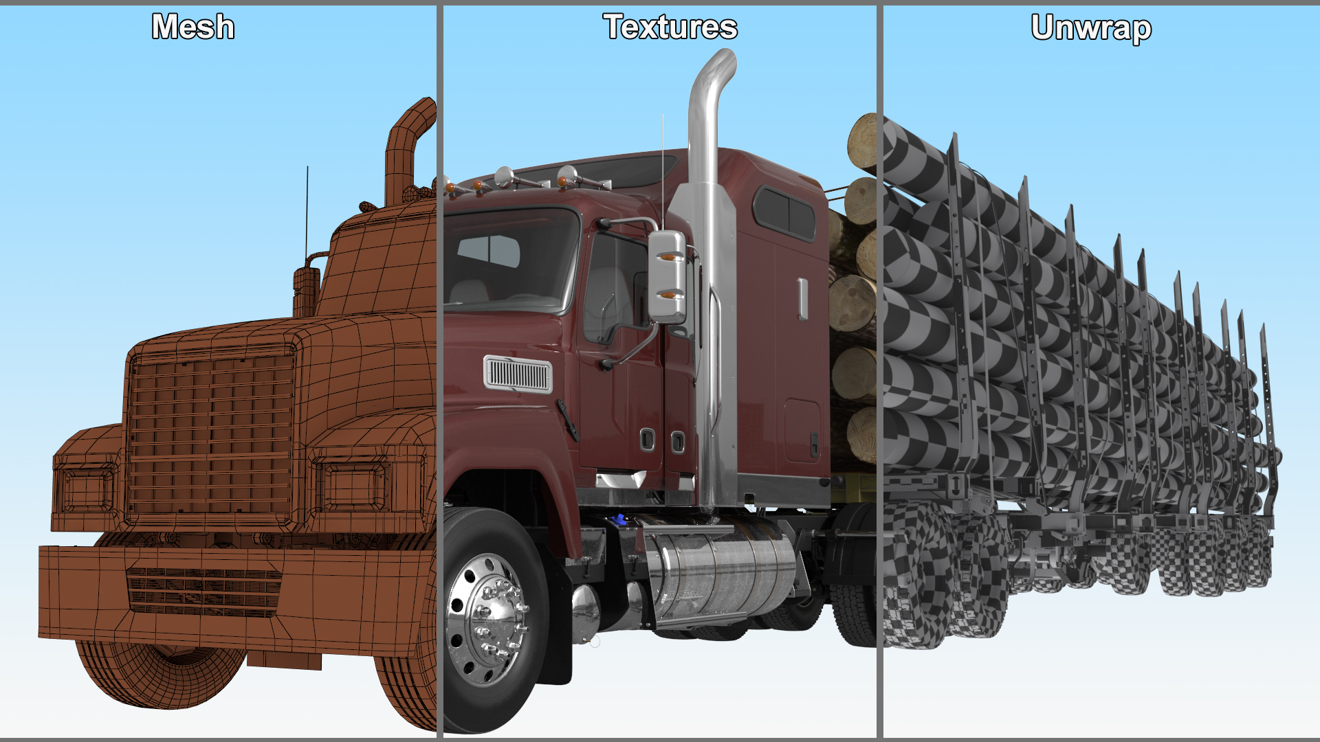 Freight Truck with Logging Trailer with Logs 3D model