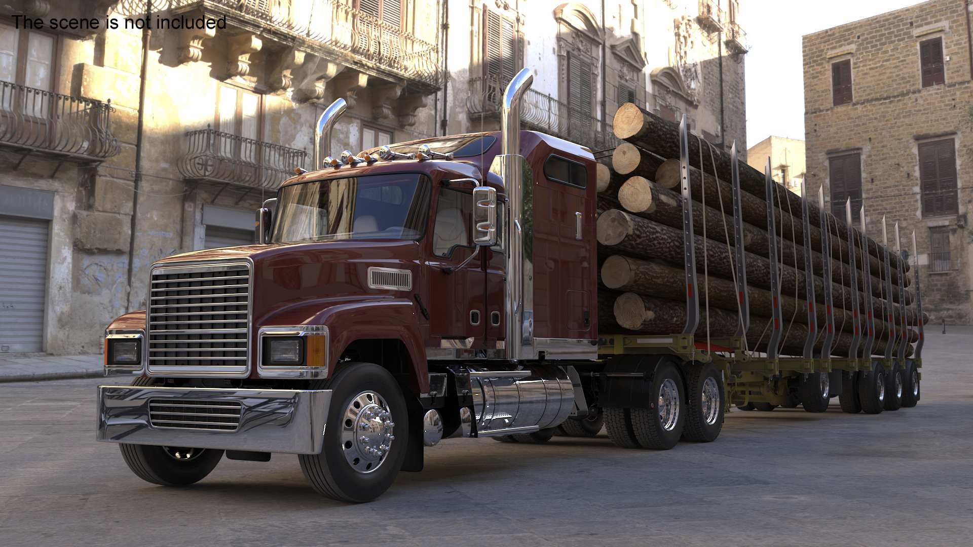 Freight Truck with Logging Trailer with Logs 3D model