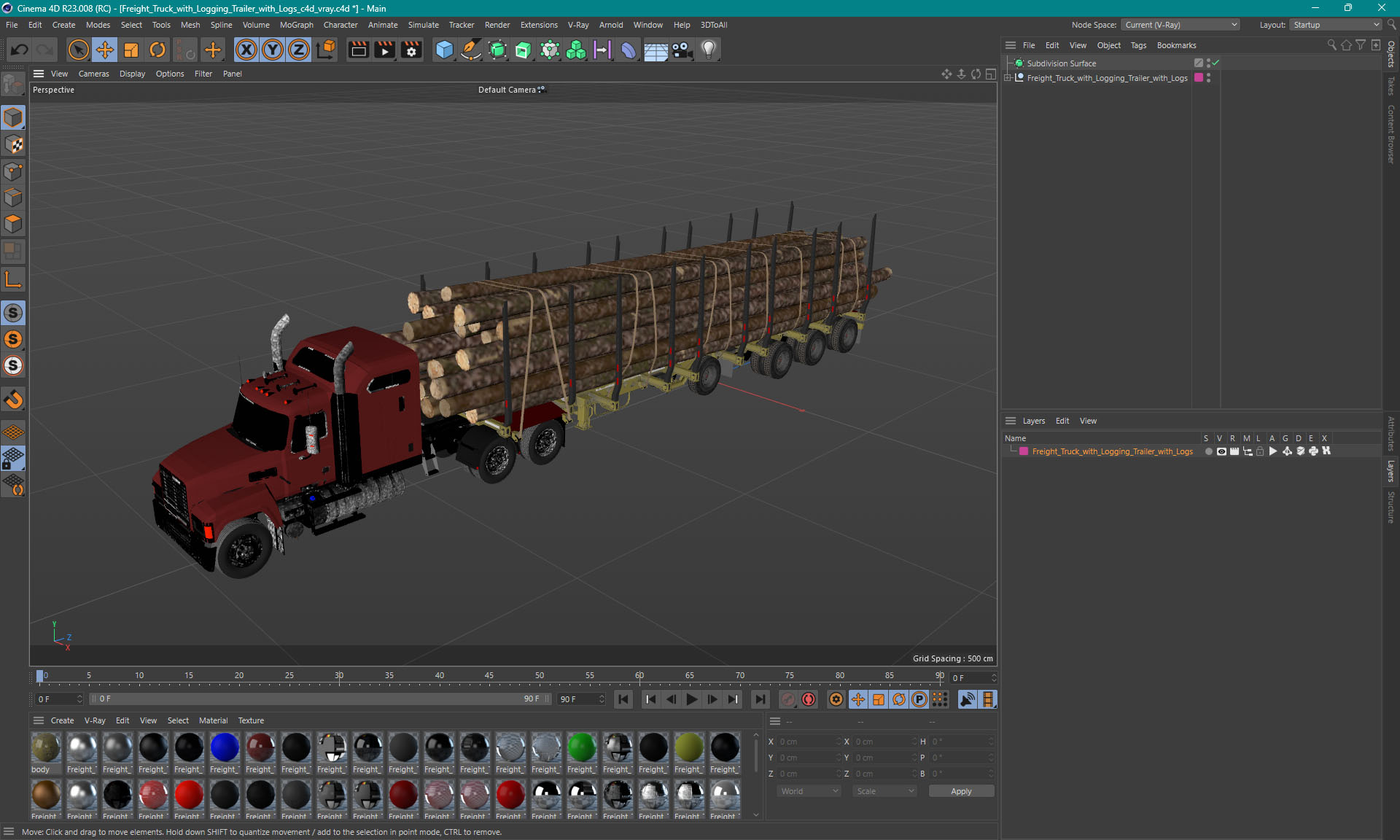 Freight Truck with Logging Trailer with Logs 3D model