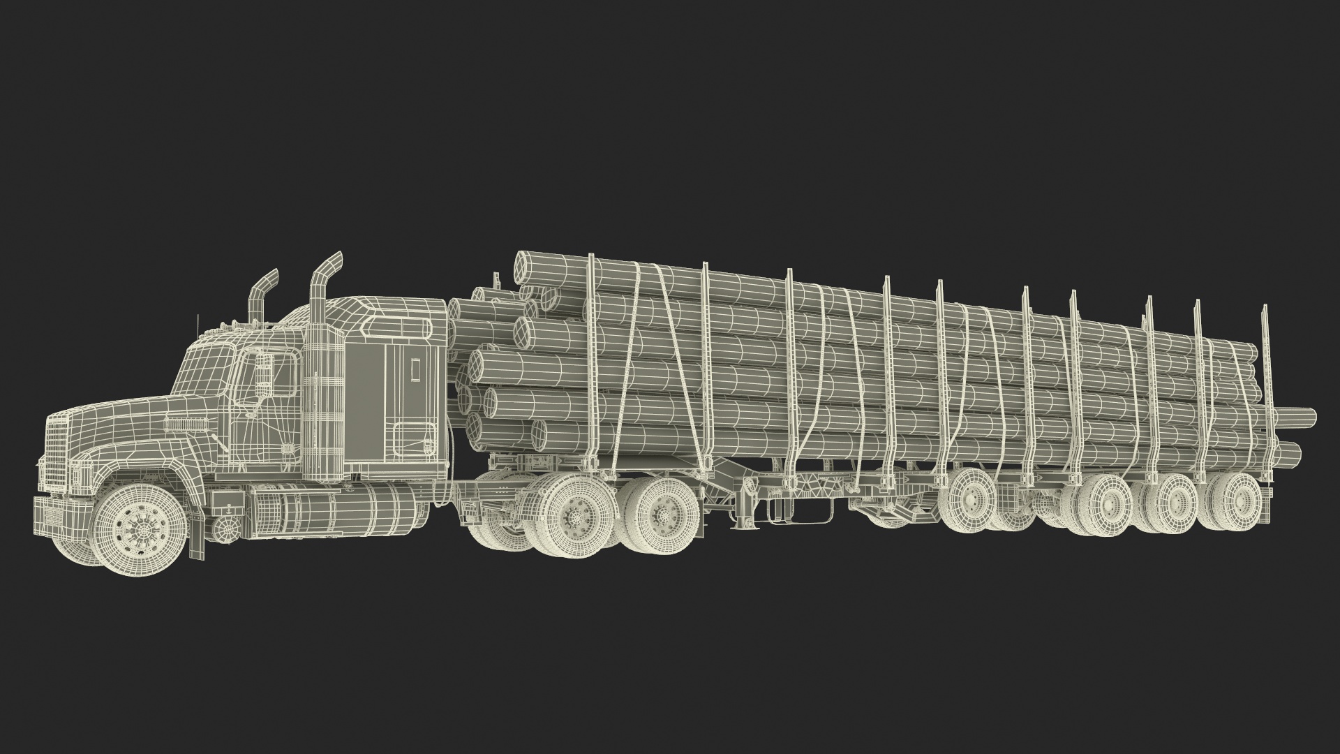 Freight Truck with Logging Trailer with Logs 3D model