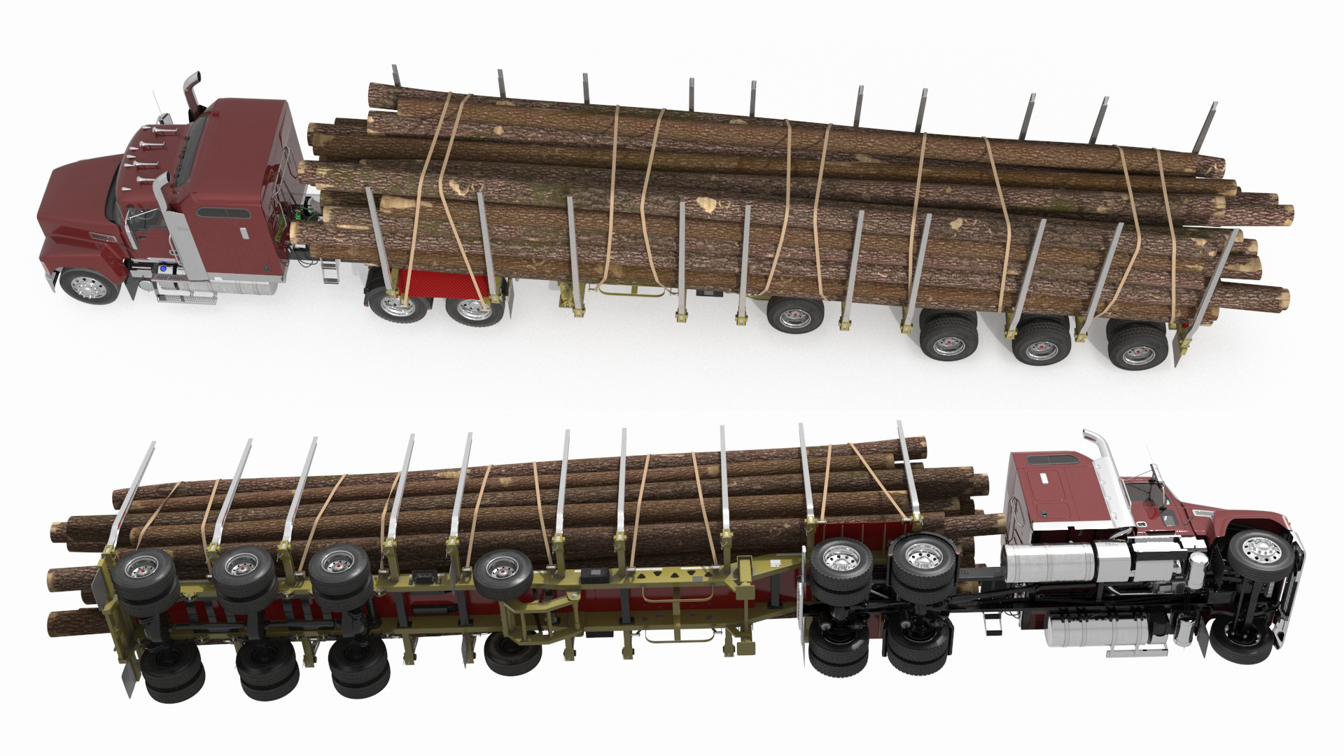Freight Truck with Logging Trailer with Logs 3D model