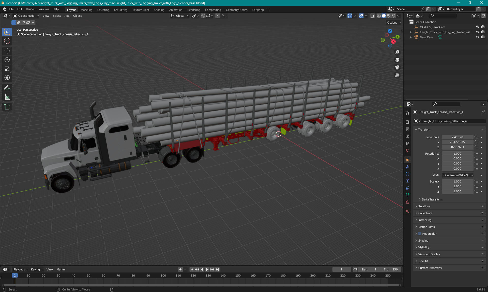 Freight Truck with Logging Trailer with Logs 3D model