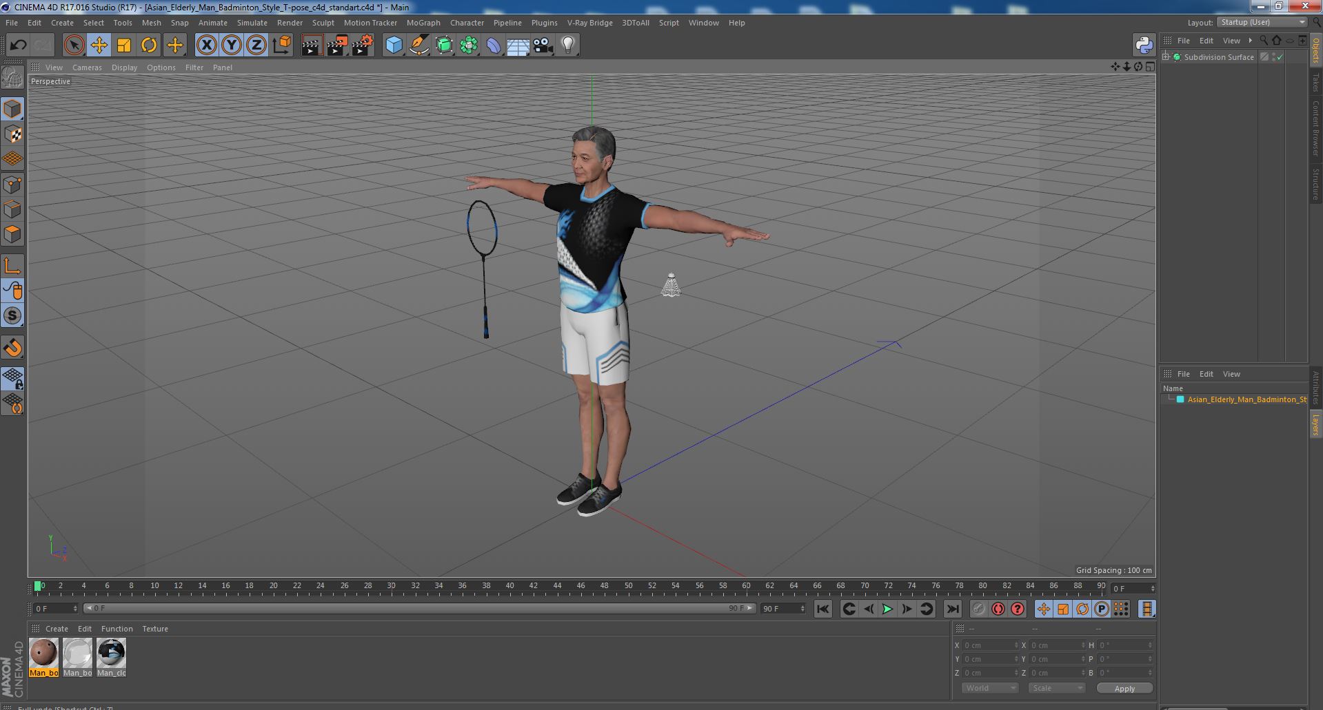 3D model Asian Elderly Man Badminton Style T-pose