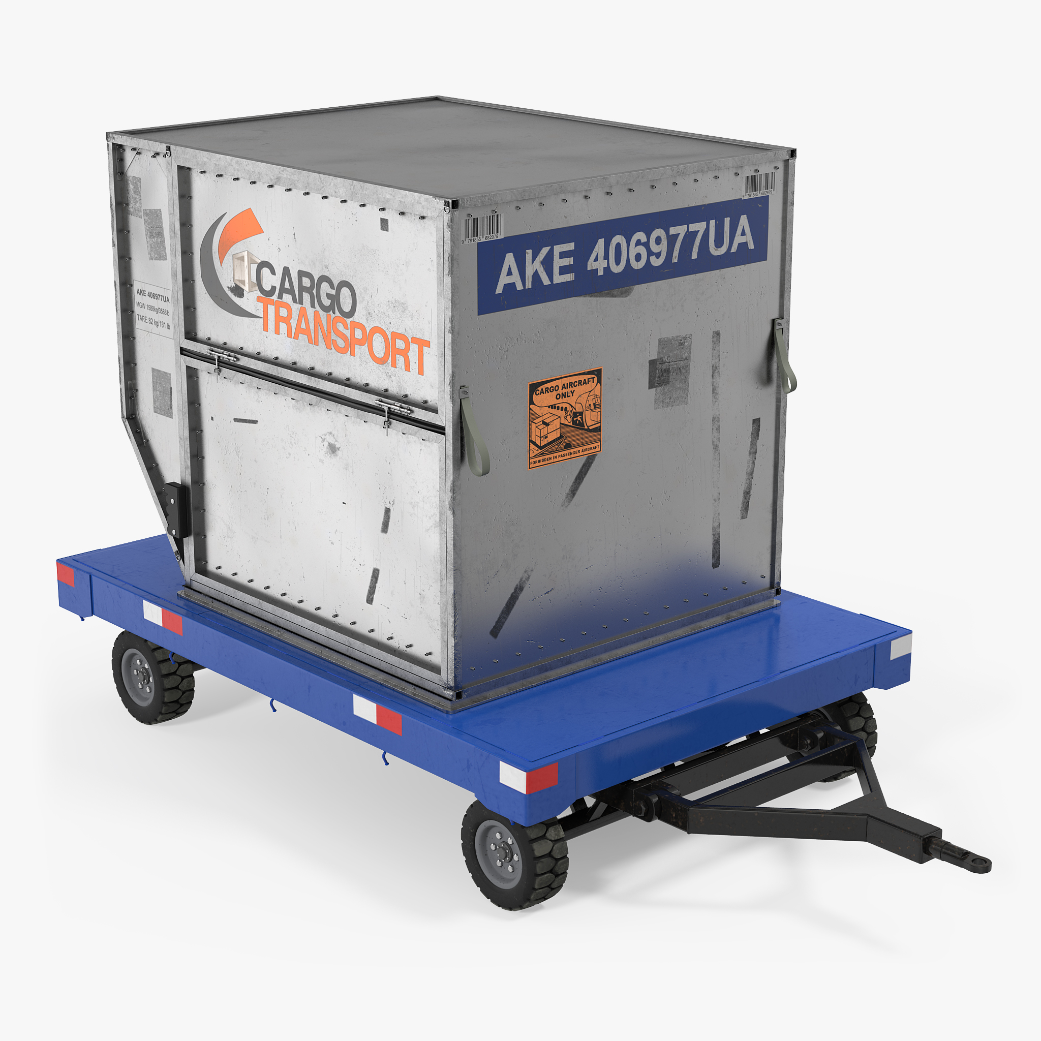 Airport Baggage Trailer with Container 3D Model, view 3