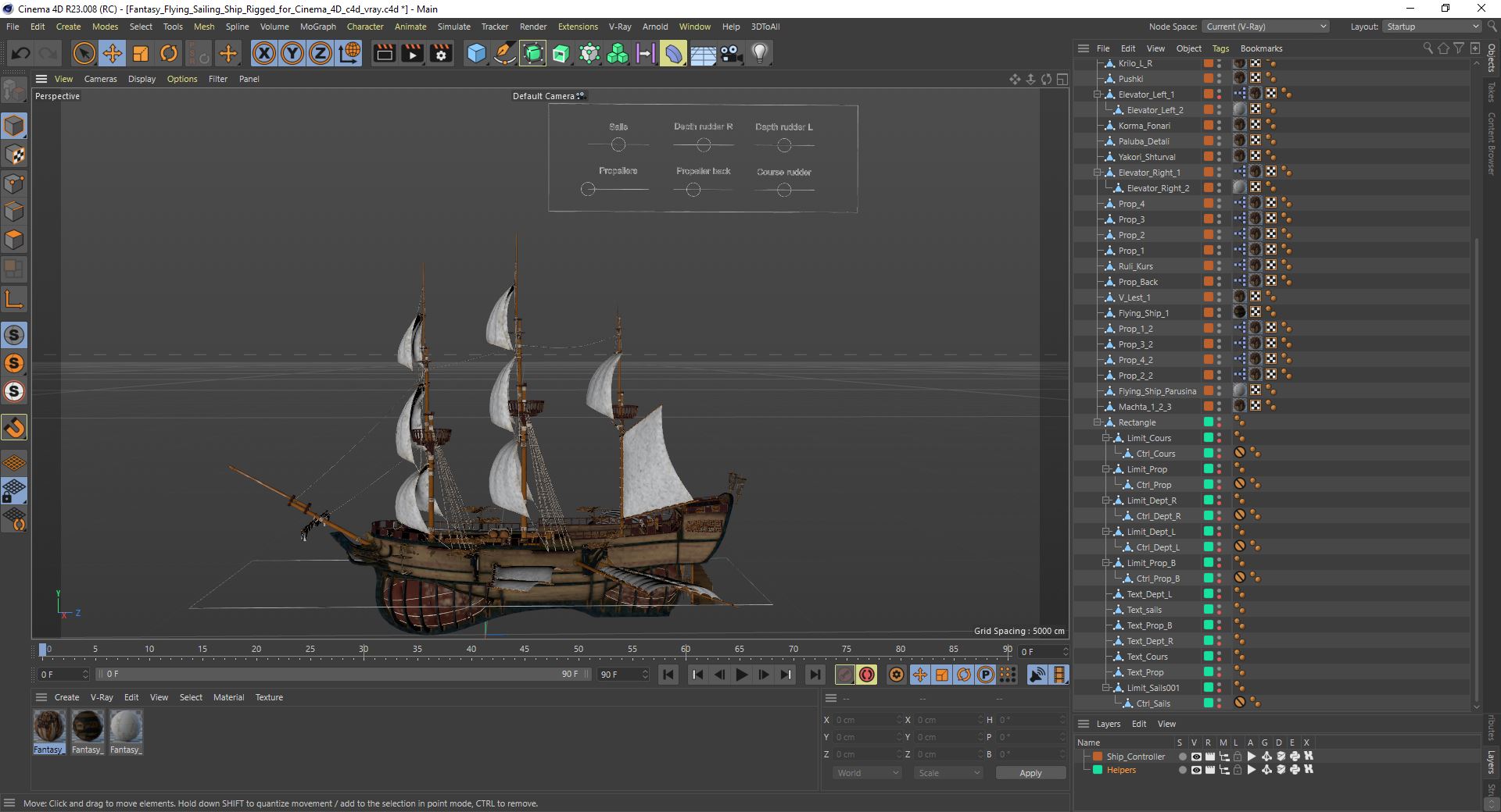 3D Fantasy Flying Sailing Ship Rigged for Cinema 4D model