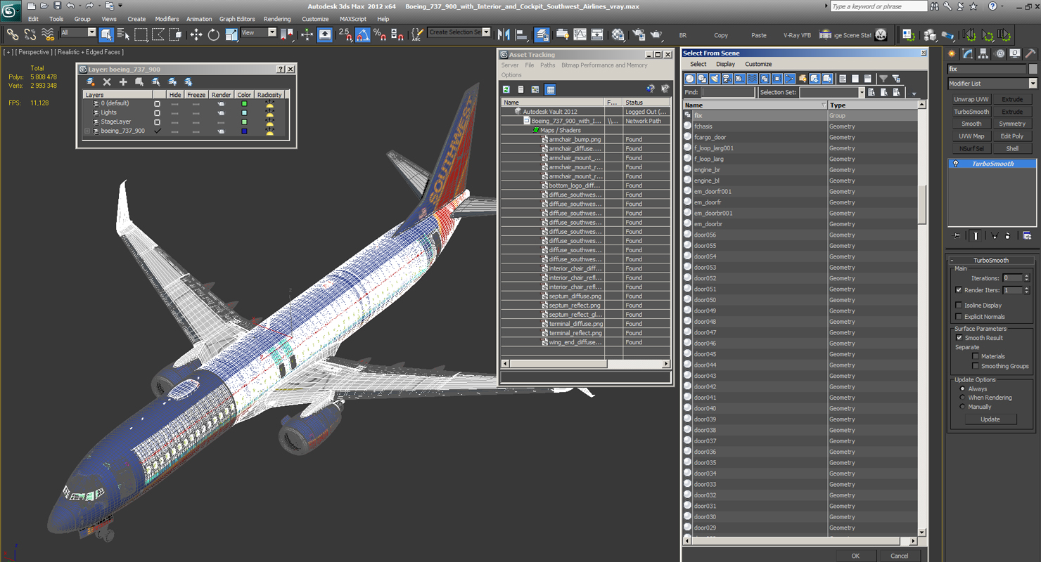 Boeing 737 900 with Interior and Cockpit Southwest Airlines 3D model