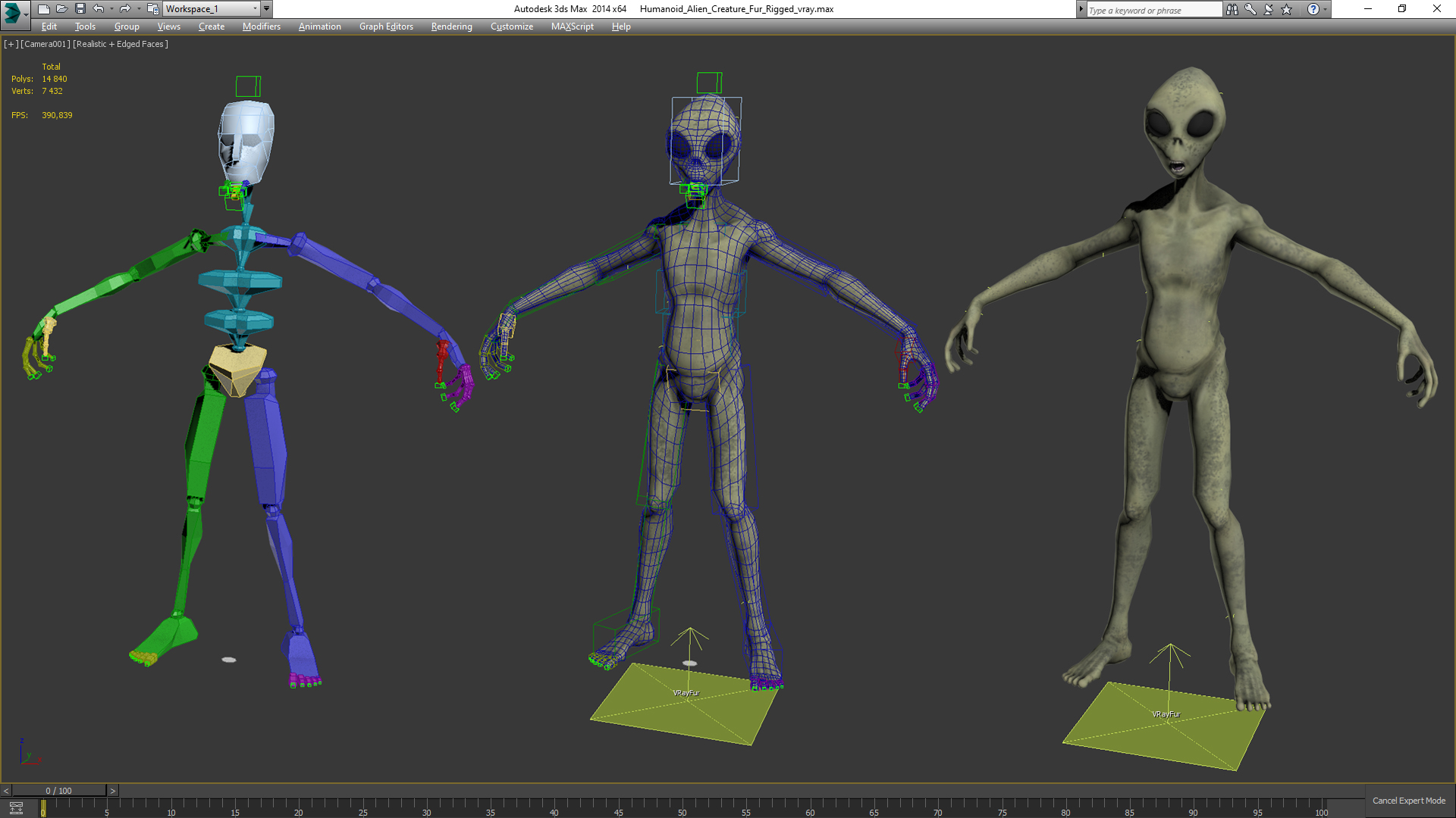 Humanoid Alien Creature Fur Rigged 3D model