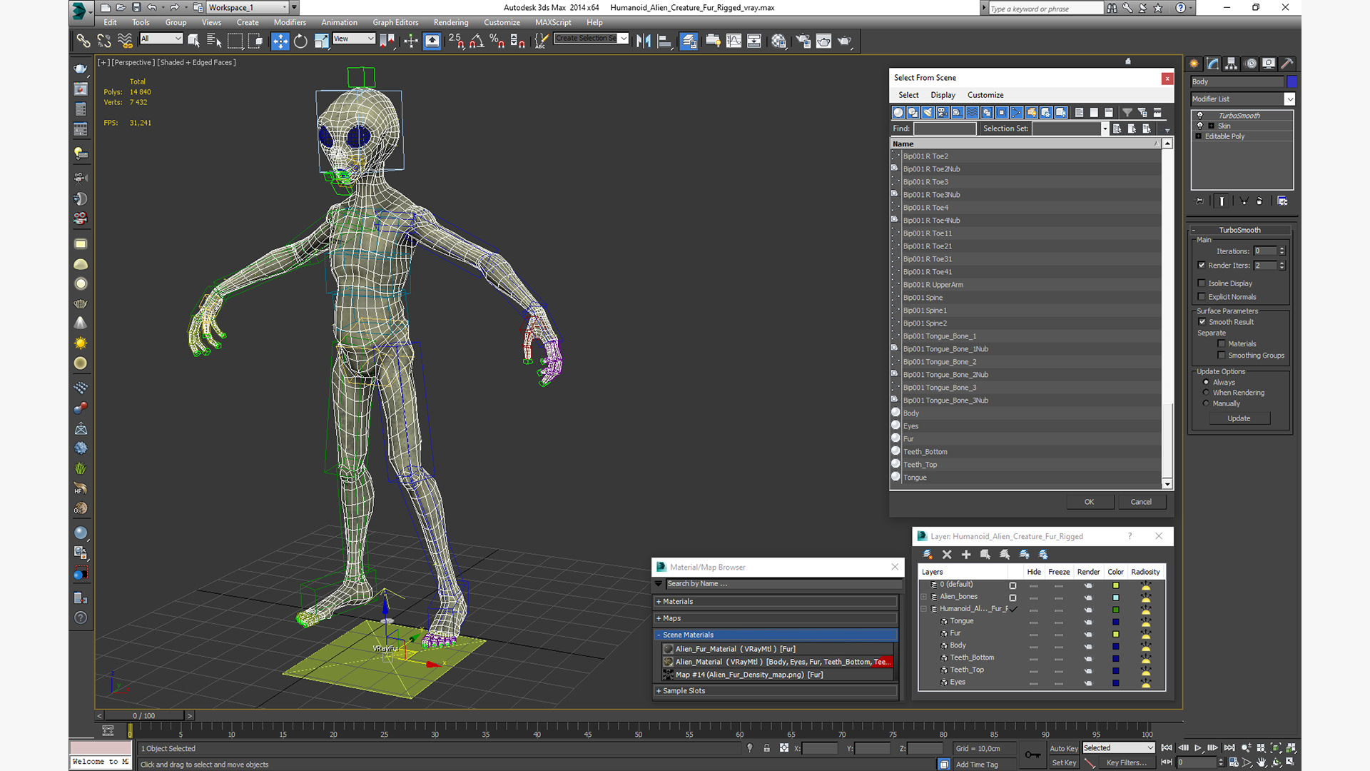 Humanoid Alien Creature Fur Rigged 3D model