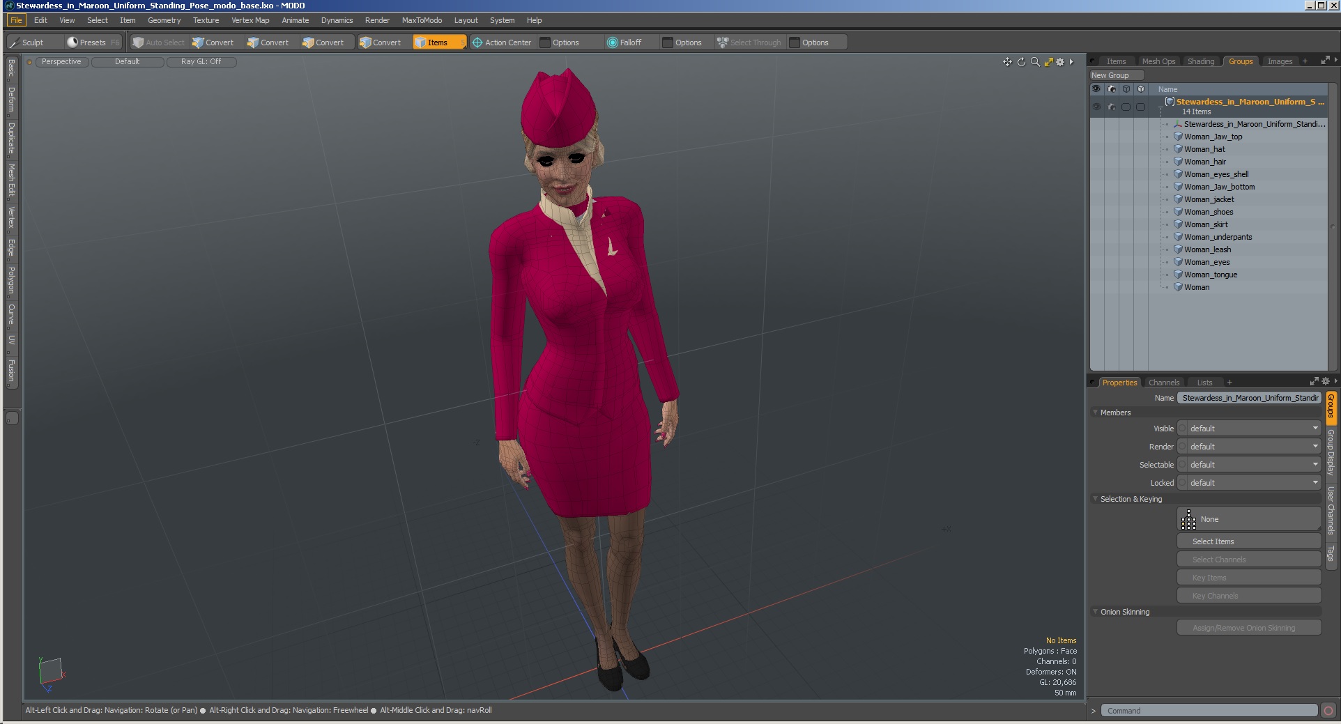 Stewardess in Maroon Uniform Standing Pose 3D