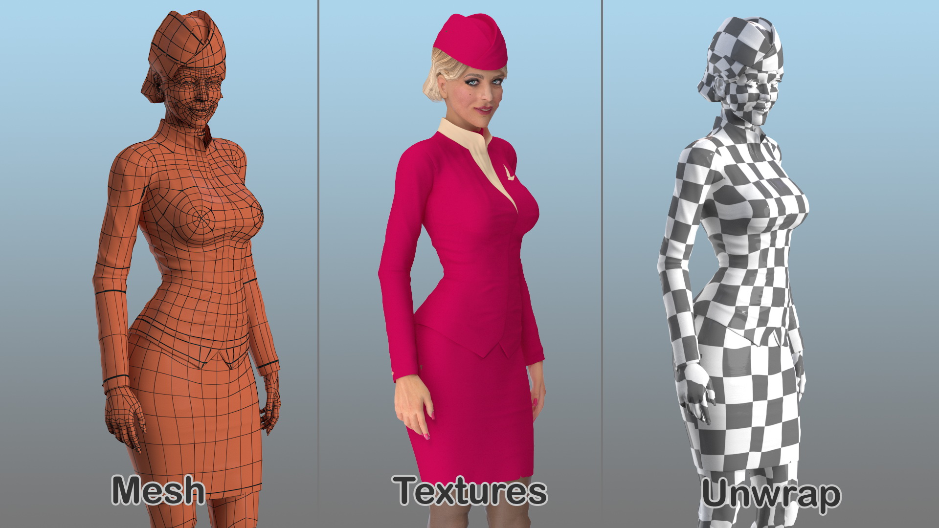 Stewardess in Maroon Uniform Standing Pose 3D