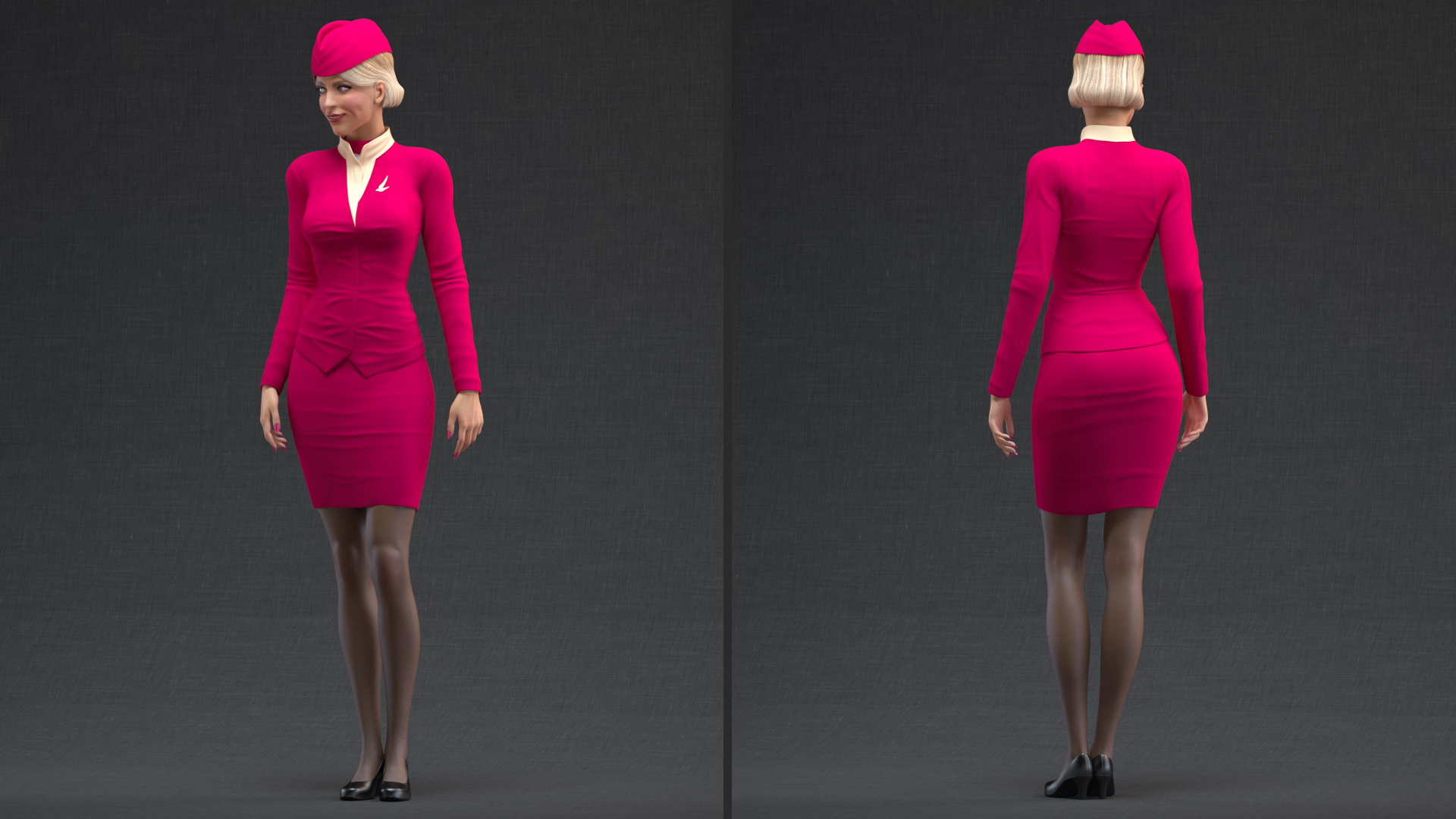 Stewardess in Maroon Uniform Standing Pose 3D