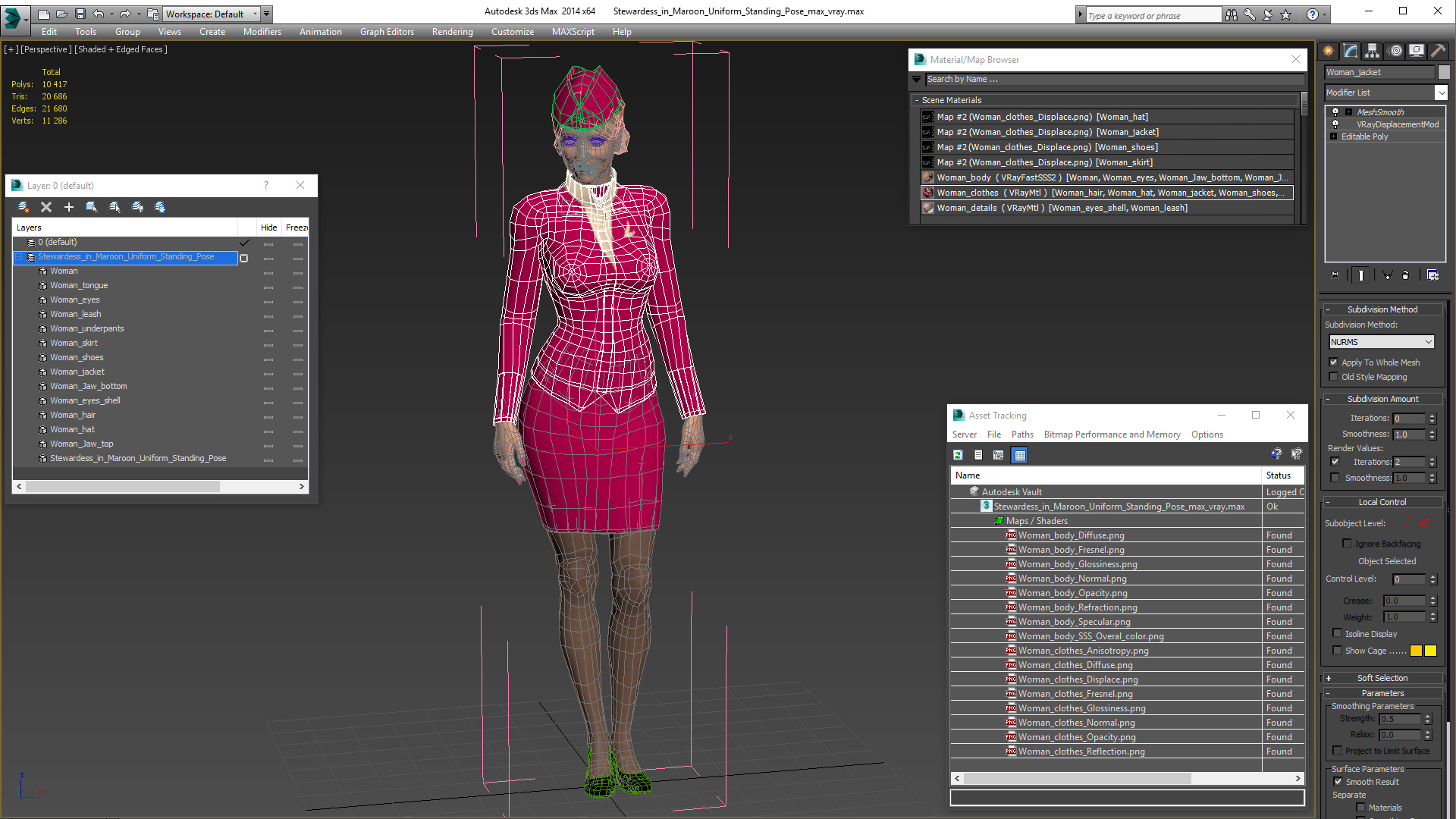 Stewardess in Maroon Uniform Standing Pose 3D
