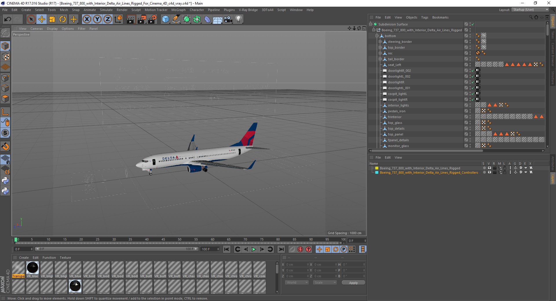 3D model Boeing 737 800 with Interior Delta Air Lines Rigged for Cinema 4D