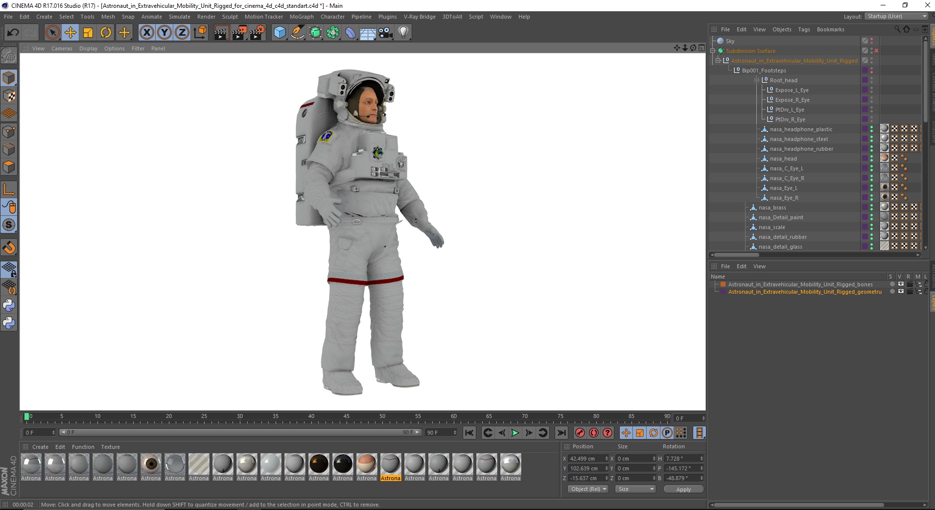 Astronaut in Extravehicular Mobility Unit Rigged for Cinema 4D 3D